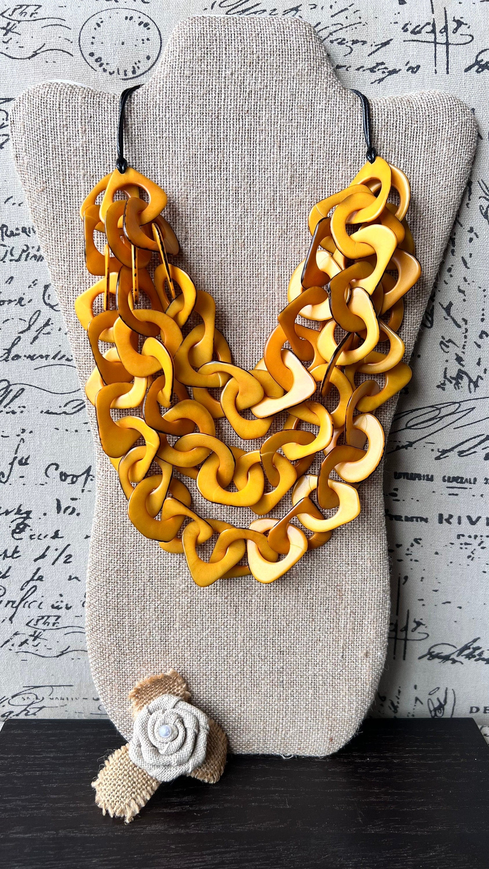 Yellow beaded statement necklace Tagua nut jewelry Adjustable collar Big bold chunky necklace Mother's day gift for wife Beach fashion trend