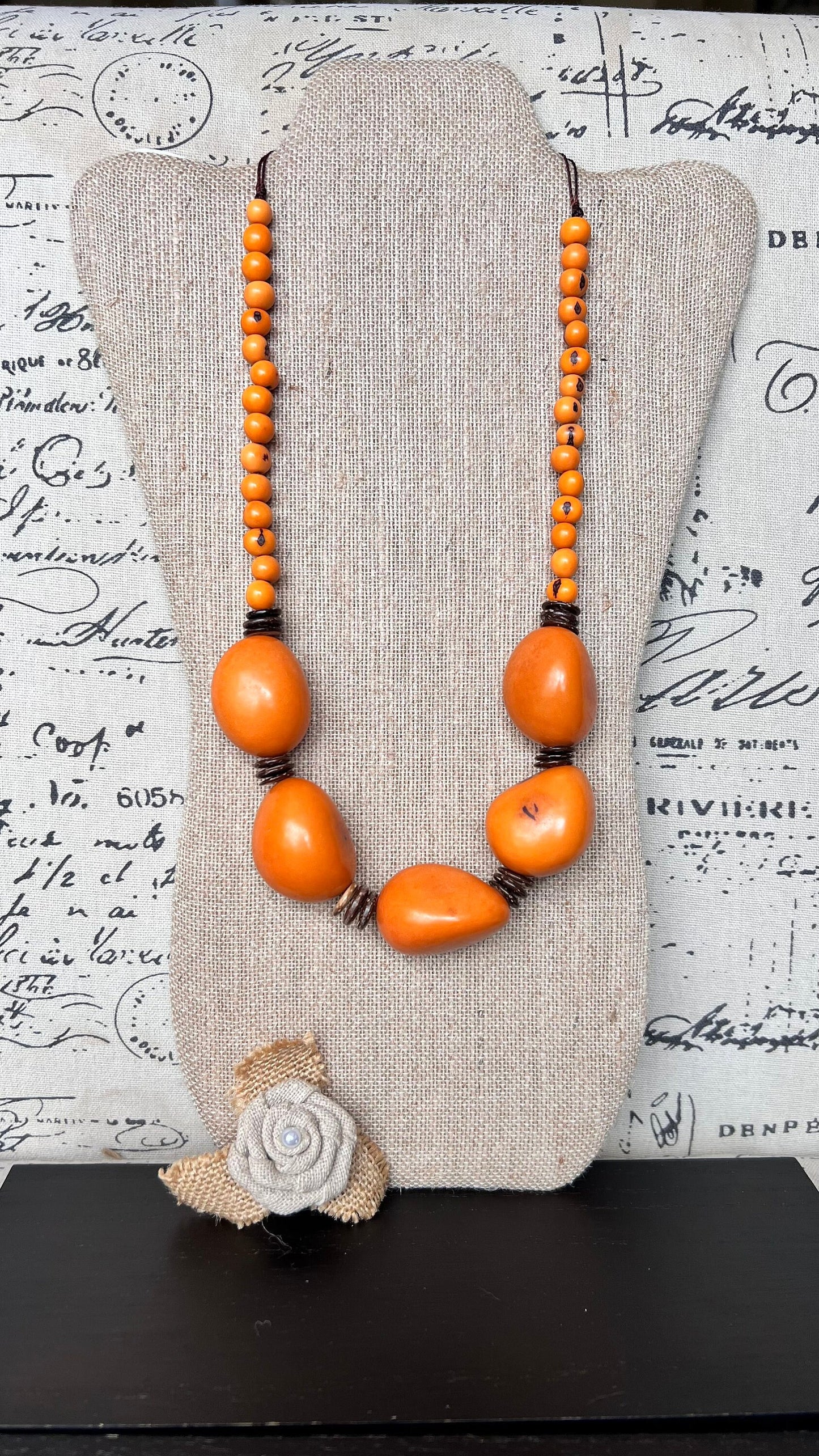 Orange extra long tagua necklace Spring fashion trends Lightweight and adjustable statement Mother's day gifts Anniversary gifts for wife