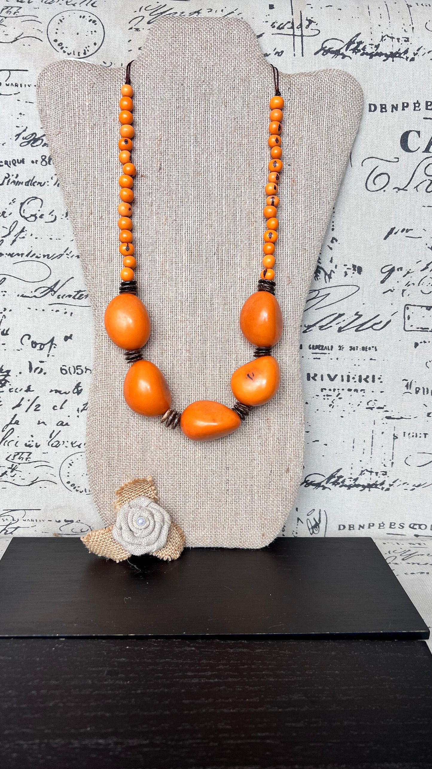 Orange extra long tagua necklace Spring fashion trends Lightweight and adjustable statement Mother's day gifts Anniversary gifts for wife
