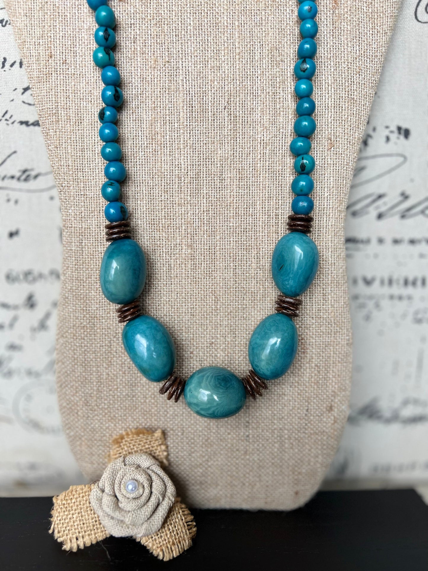 Turquoise blue extra long tagua necklace Spring fashion trends Lightweight and adjustable statement Mother’s Day gifts under 30 for wife