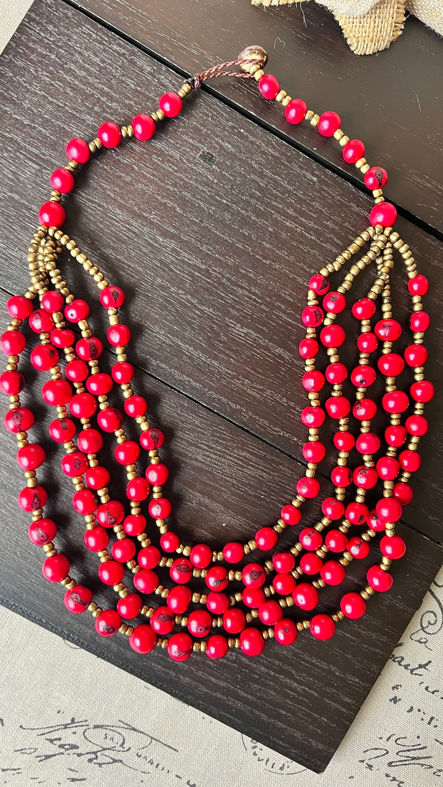 Beaded statement necklace Red long Acai seed necklace Lightweight jewelry Beach fashion trends Summer style Anniversary gifts for wife