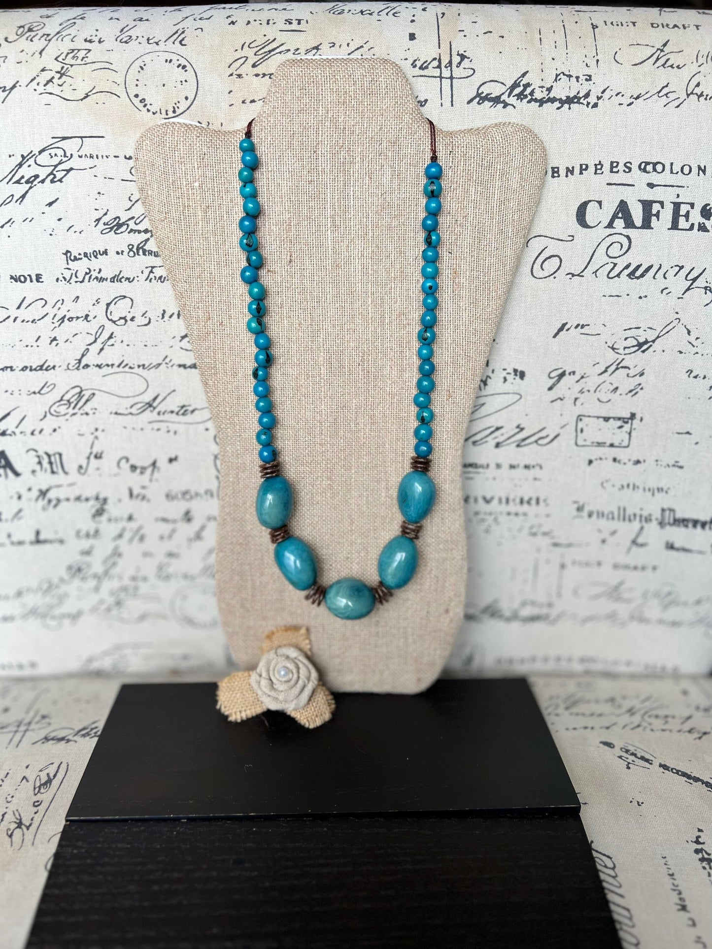 Turquoise blue extra long tagua necklace Spring fashion trends Lightweight and adjustable statement Mother’s Day gifts under 30 for wife
