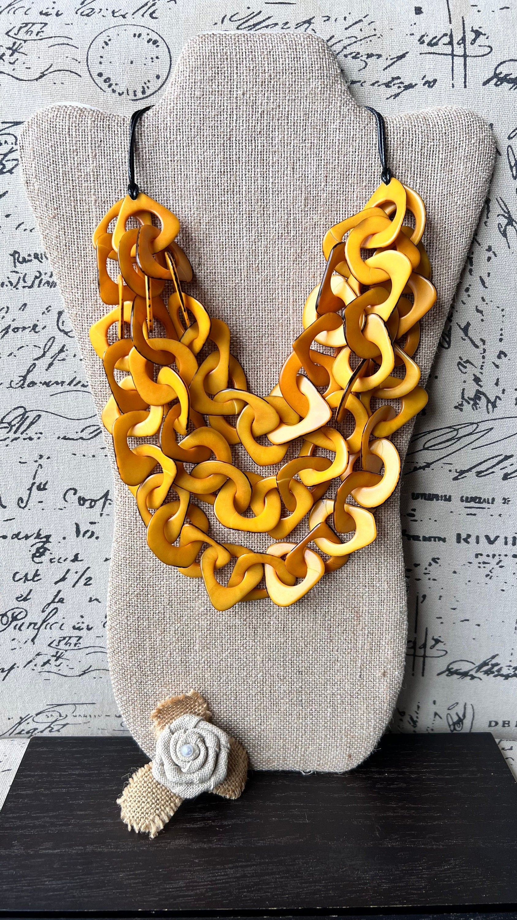 Yellow beaded statement necklace Tagua nut jewelry Adjustable collar Big bold chunky necklace Mother's day gift for wife Beach fashion trend
