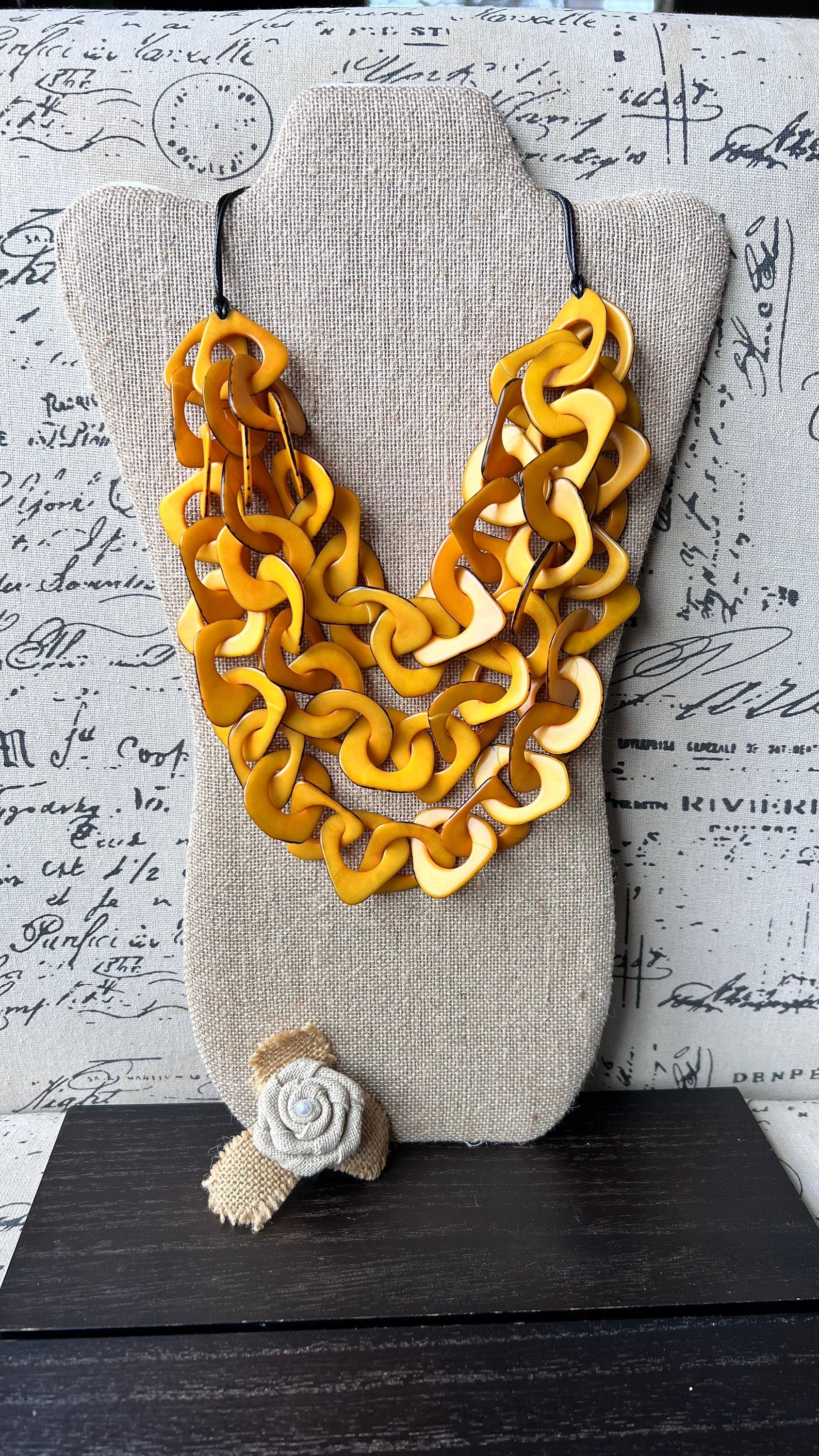 Yellow beaded statement necklace Tagua nut jewelry Adjustable collar Big bold chunky necklace Mother's day gift for wife Beach fashion trend