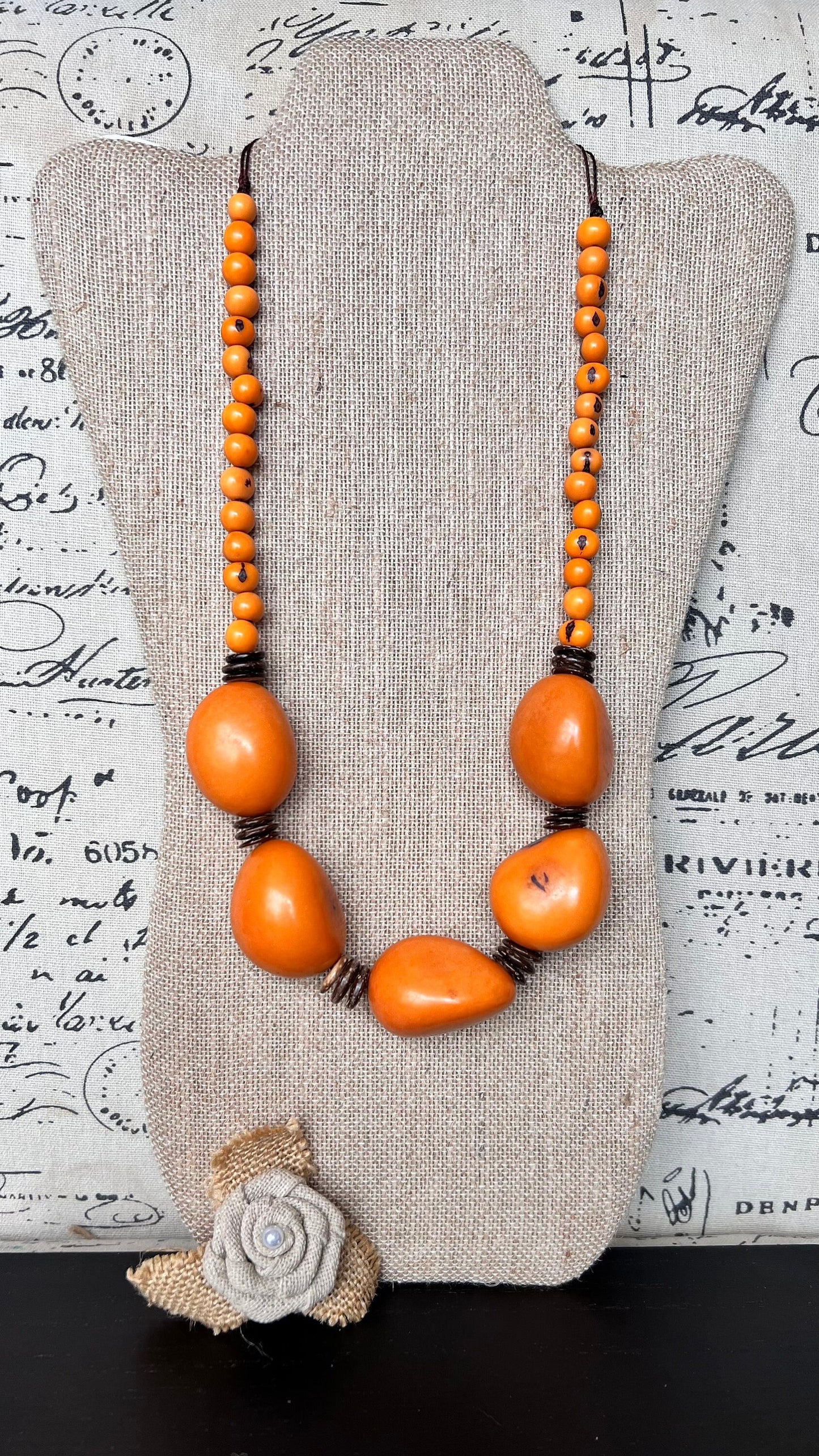 Orange extra long tagua necklace Spring fashion trends Lightweight and adjustable statement Mother's day gifts Anniversary gifts for wife