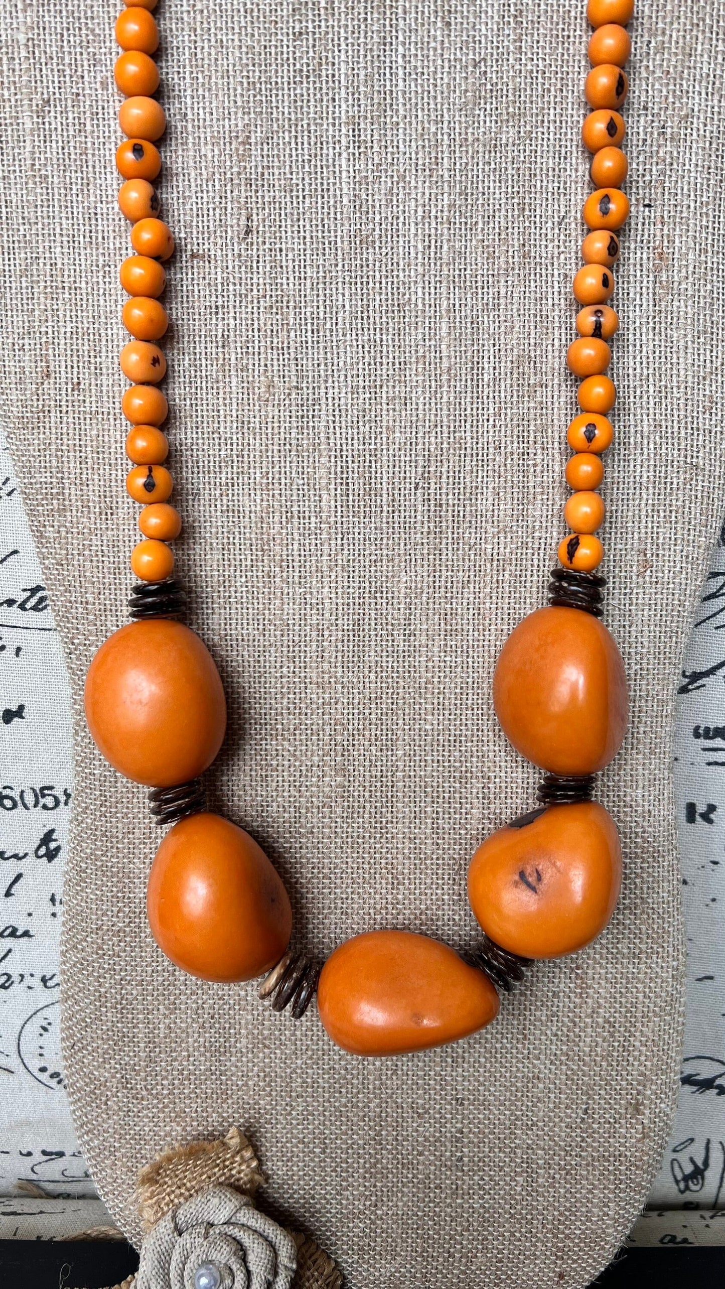 Orange extra long tagua necklace Spring fashion trends Lightweight and adjustable statement Mother's day gifts Anniversary gifts for wife