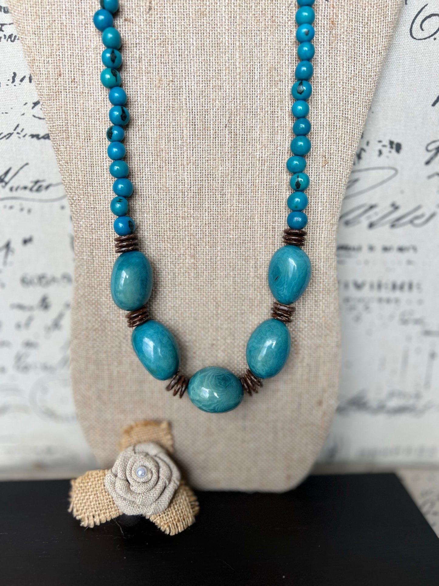 Turquoise blue extra long tagua necklace Spring fashion trends Lightweight and adjustable statement Mother’s Day gifts under 30 for wife