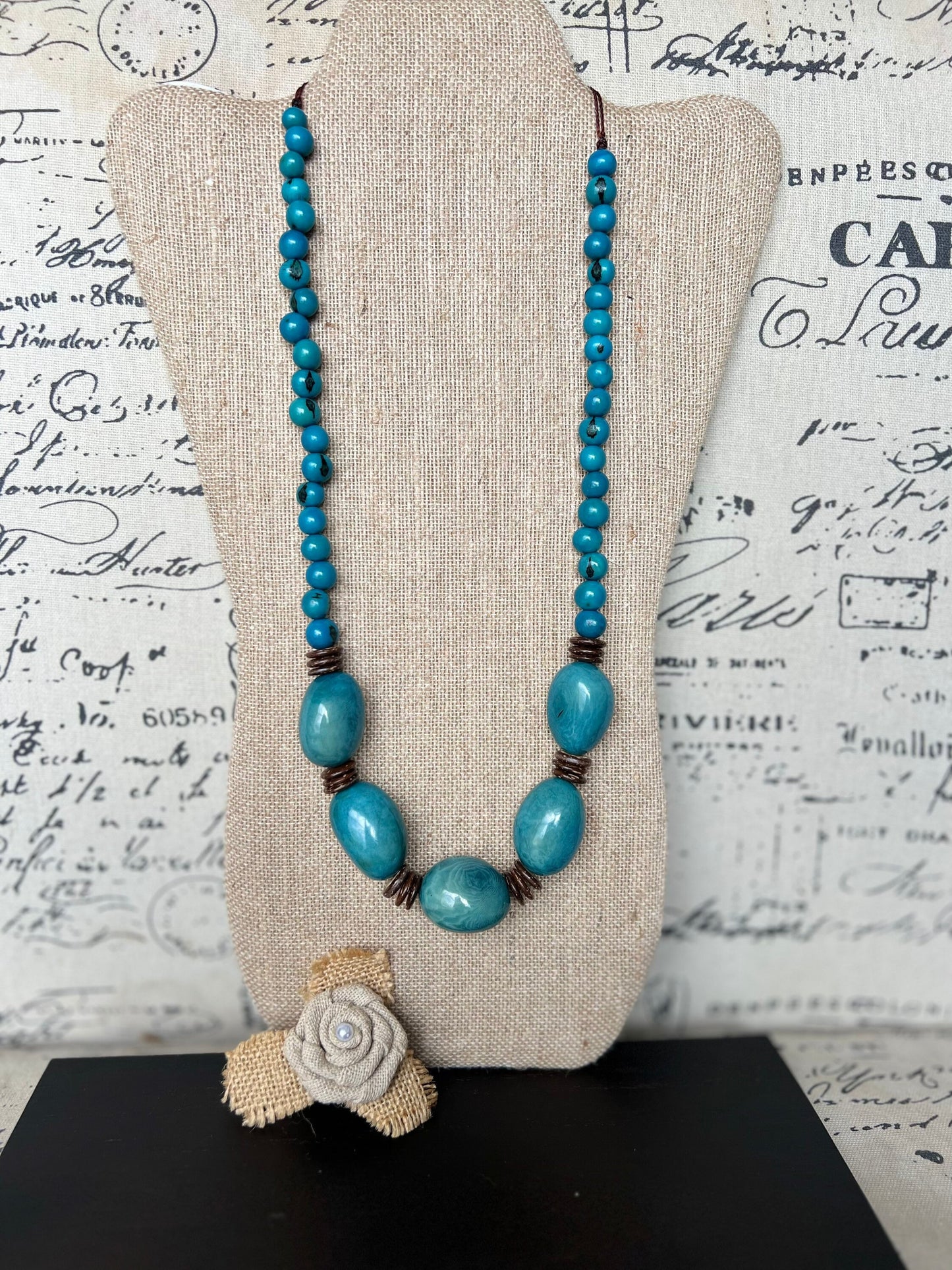 Turquoise blue extra long tagua necklace Spring fashion trends Lightweight and adjustable statement Mother’s Day gifts under 30 for wife