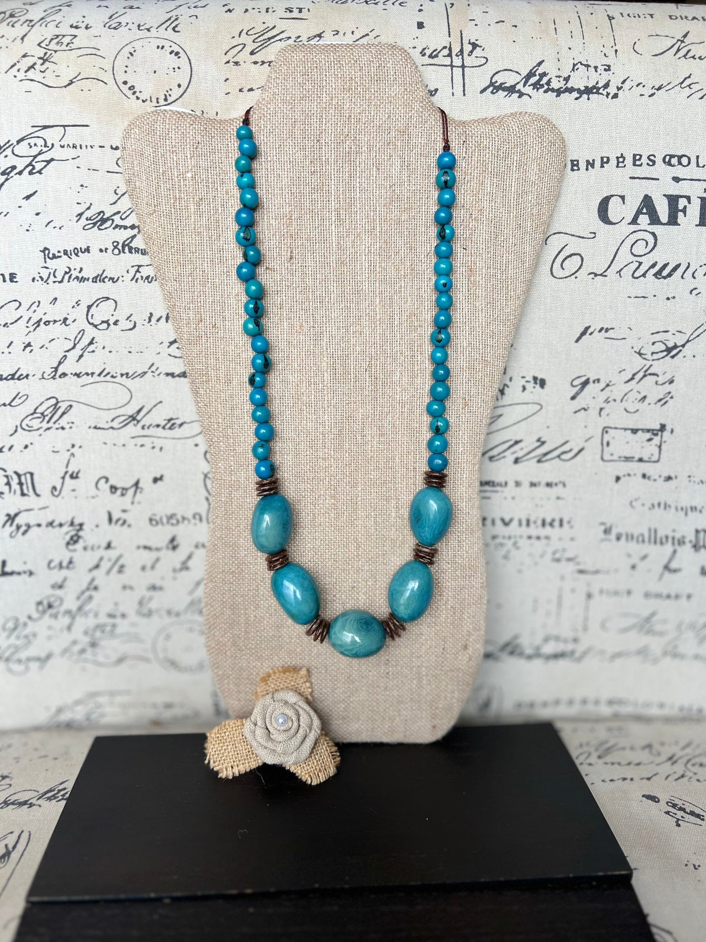 Turquoise blue extra long tagua necklace Spring fashion trends Lightweight and adjustable statement Mother’s Day gifts under 30 for wife
