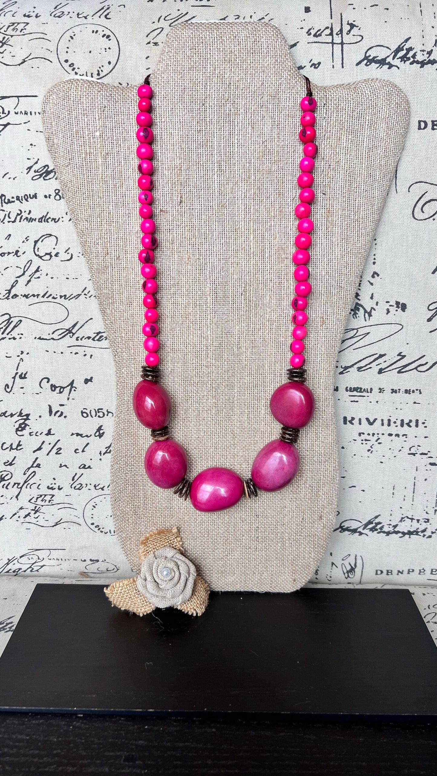 Hot Pink extra long tagua necklace Spring fashion trends Lightweight and adjustable statement Mothers day gifts Anniversary present for wife