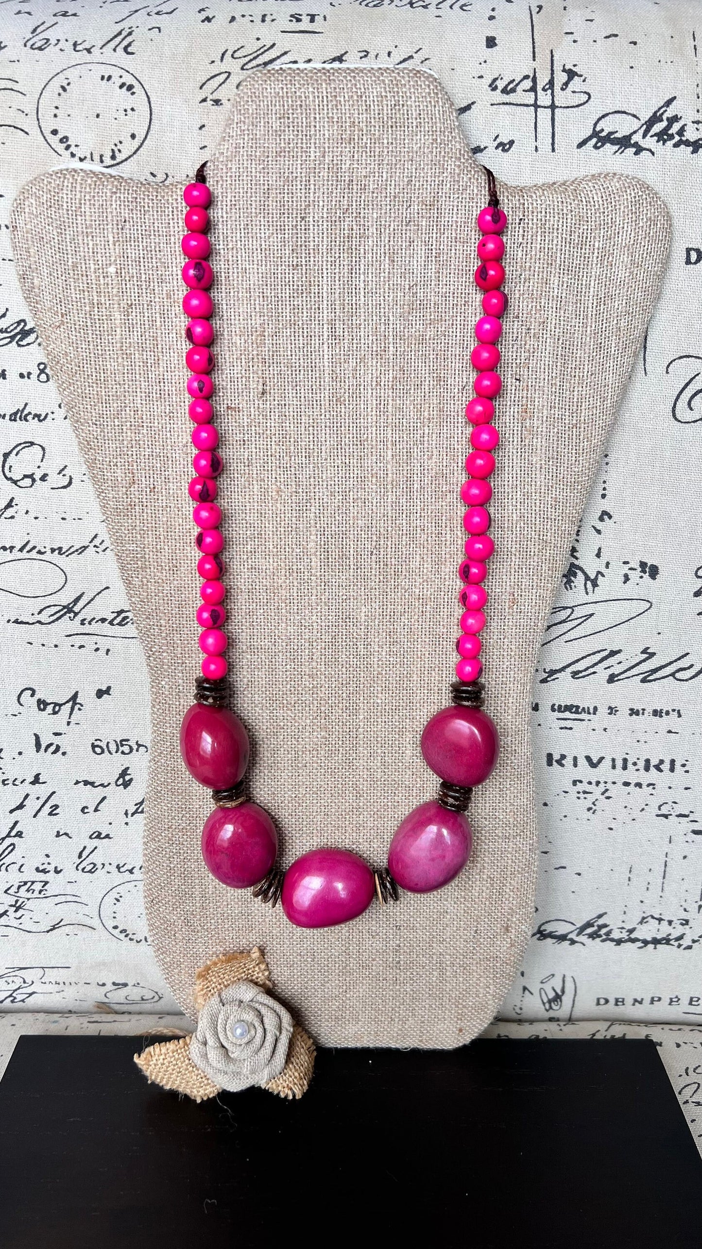 Hot Pink extra long tagua necklace Spring fashion trends Lightweight and adjustable statement Mothers day gifts Anniversary present for wife