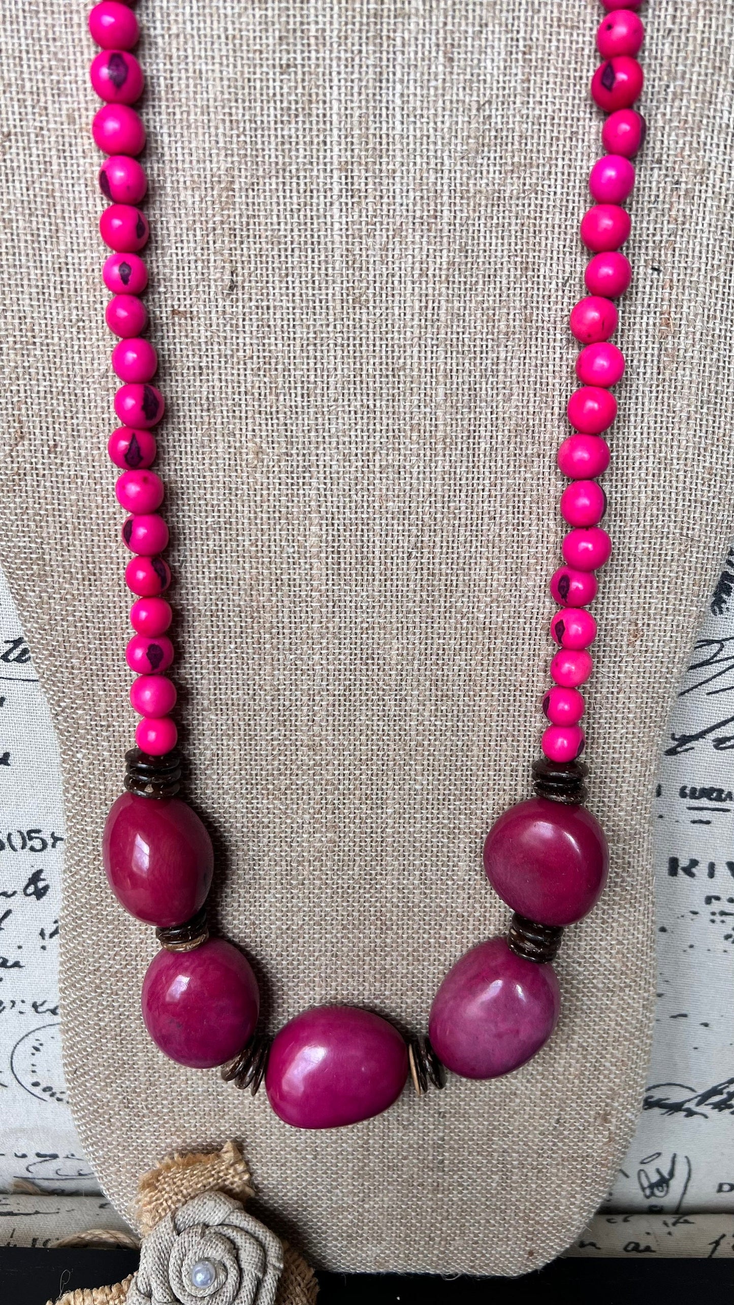 Hot Pink extra long tagua necklace Spring fashion trends Lightweight and adjustable statement Mothers day gifts Anniversary present for wife