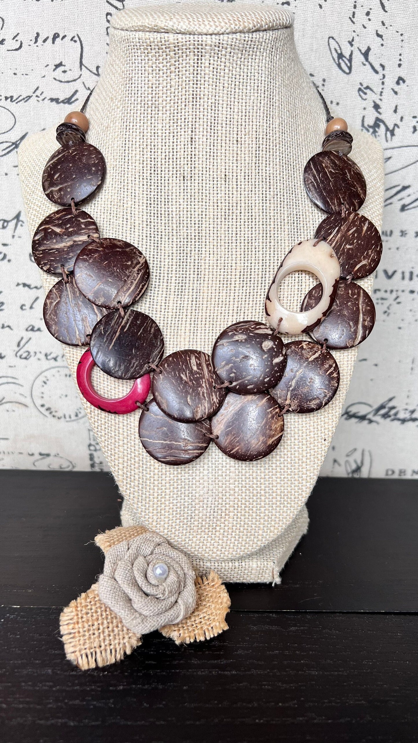 Brown statement necklace Tagua coconut jewelry with red and white accent beads Big bold chunky necklace Double layer bib Christmas gifts