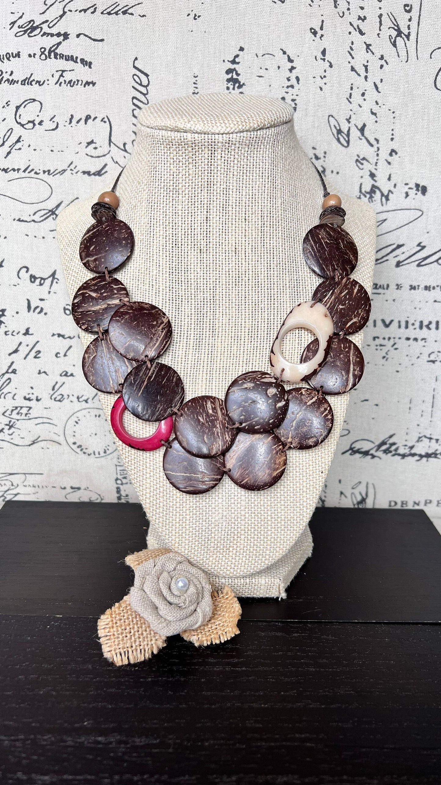 Brown statement necklace Tagua coconut jewelry with red and white accent beads Big bold chunky necklace Double layer bib Christmas gifts
