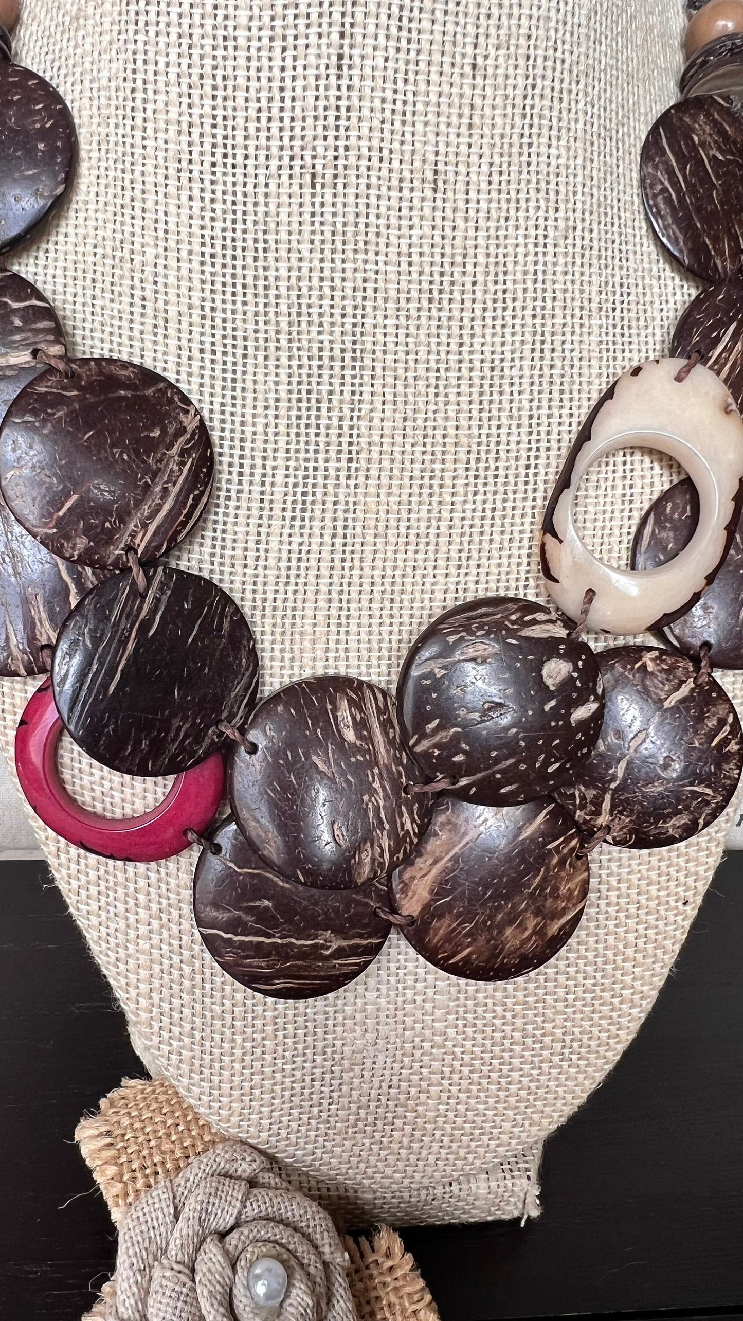 Brown statement necklace Tagua coconut jewelry with red and white accent beads Big bold chunky necklace Double layer bib Christmas gifts