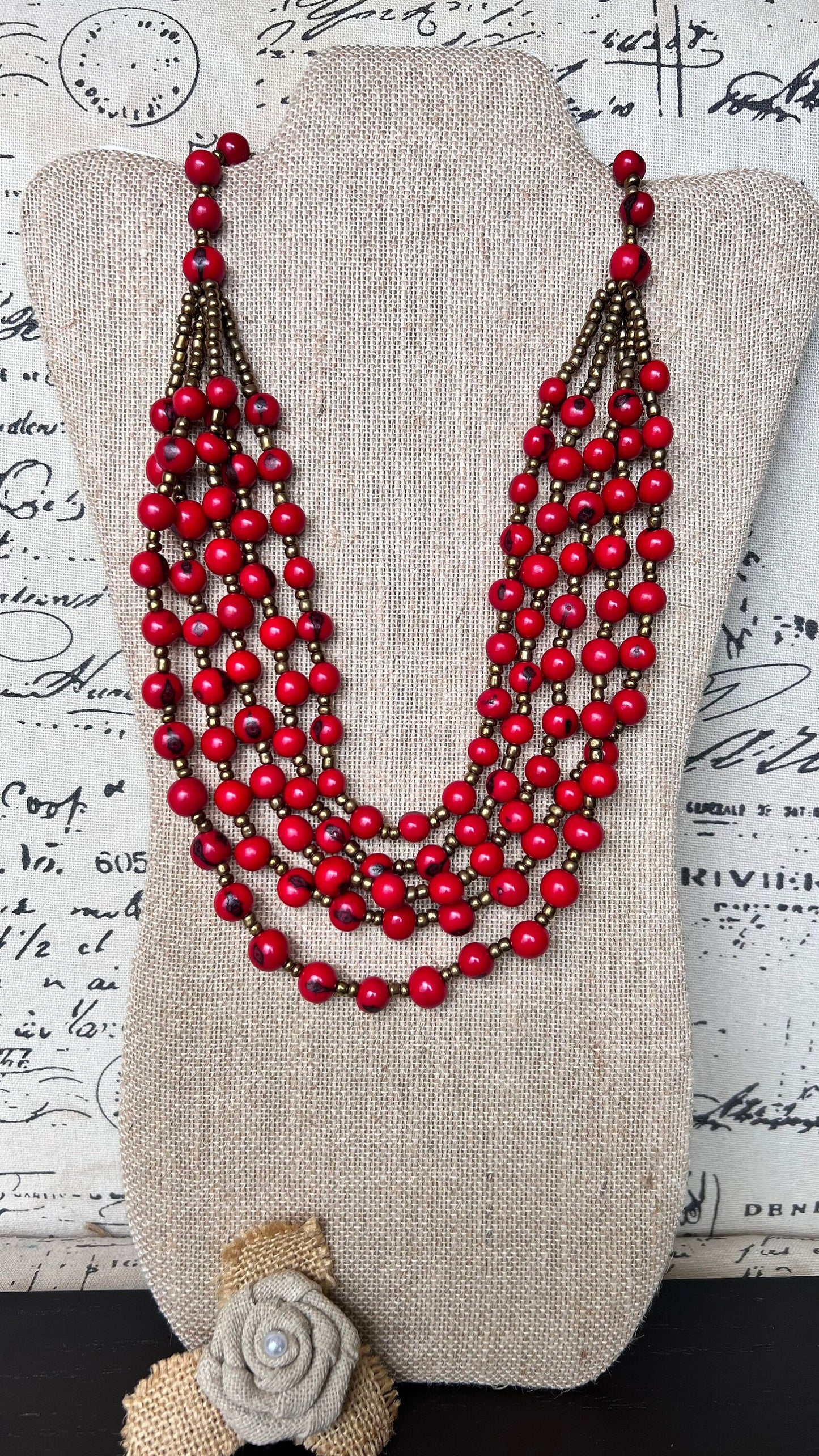 Beaded statement necklace Red long Acai seed necklace Lightweight jewelry Beach fashion trends Summer style Anniversary gifts for wife