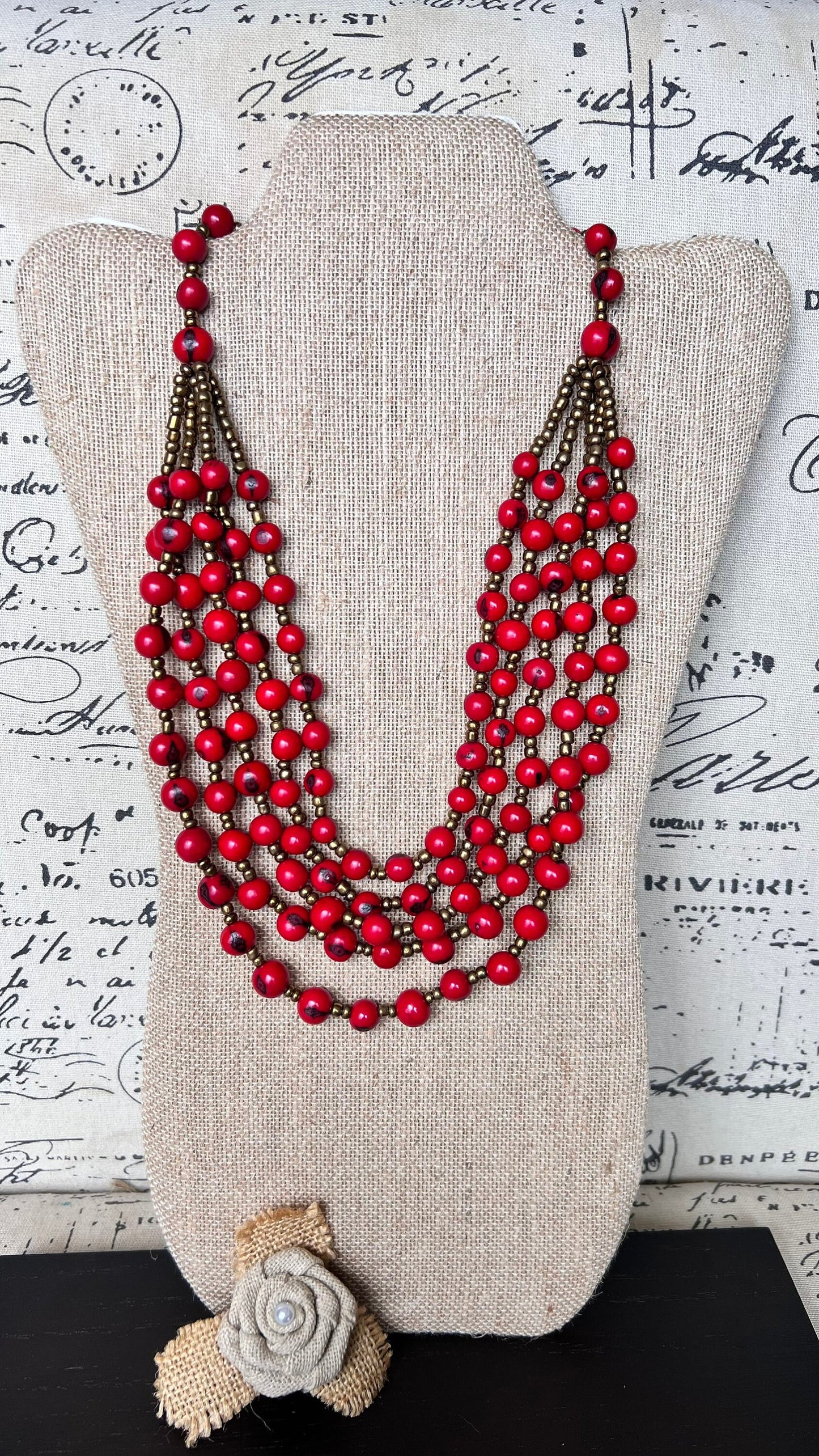 Beaded statement necklace Red long Acai seed necklace Lightweight jewelry Beach fashion trends Summer style Anniversary gifts for wife
