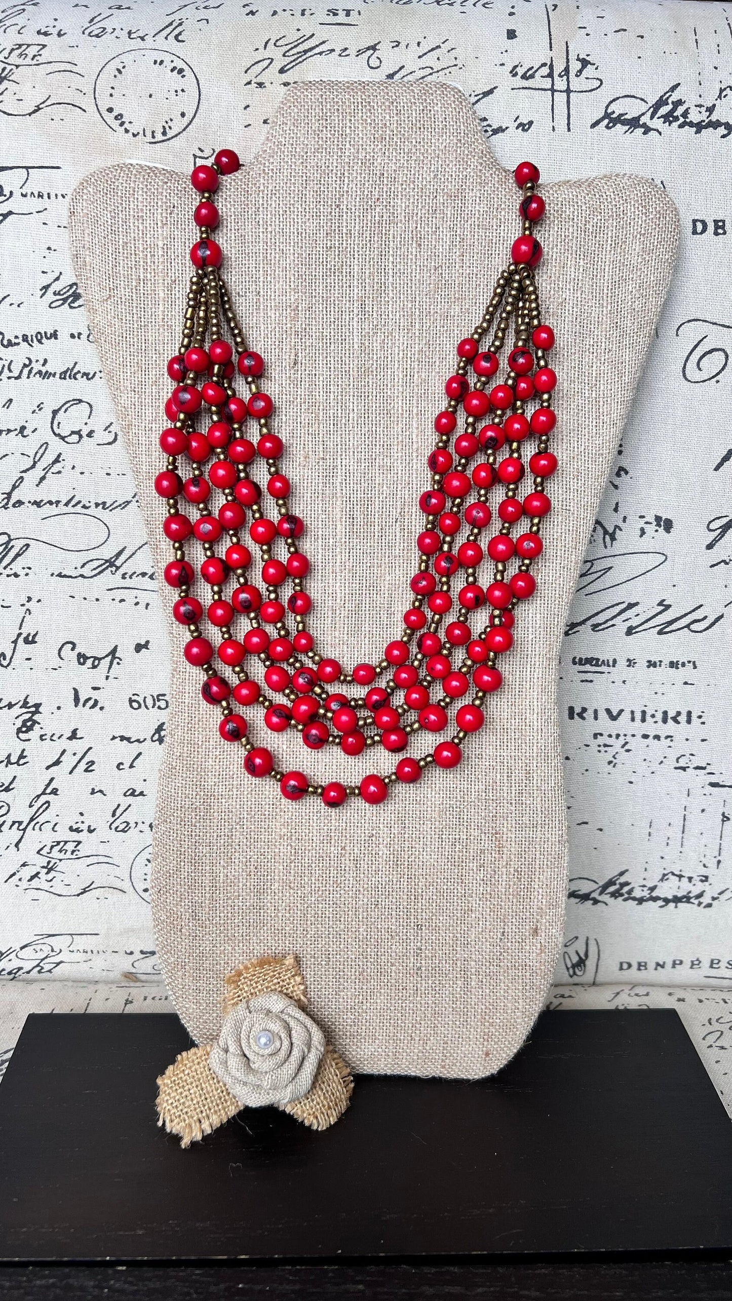 Beaded statement necklace Red long Acai seed necklace Lightweight jewelry Beach fashion trends Summer style Anniversary gifts for wife