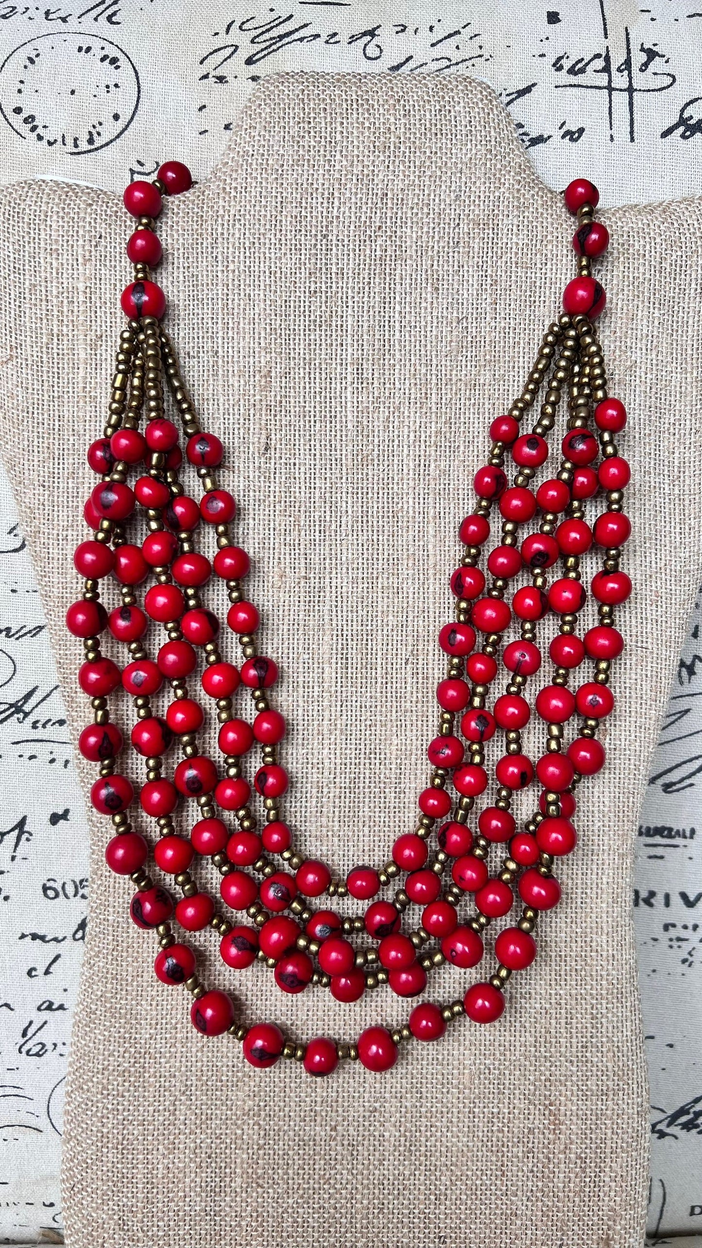 Beaded statement necklace Red long Acai seed necklace Lightweight jewelry Beach fashion trends Summer style Anniversary gifts for wife
