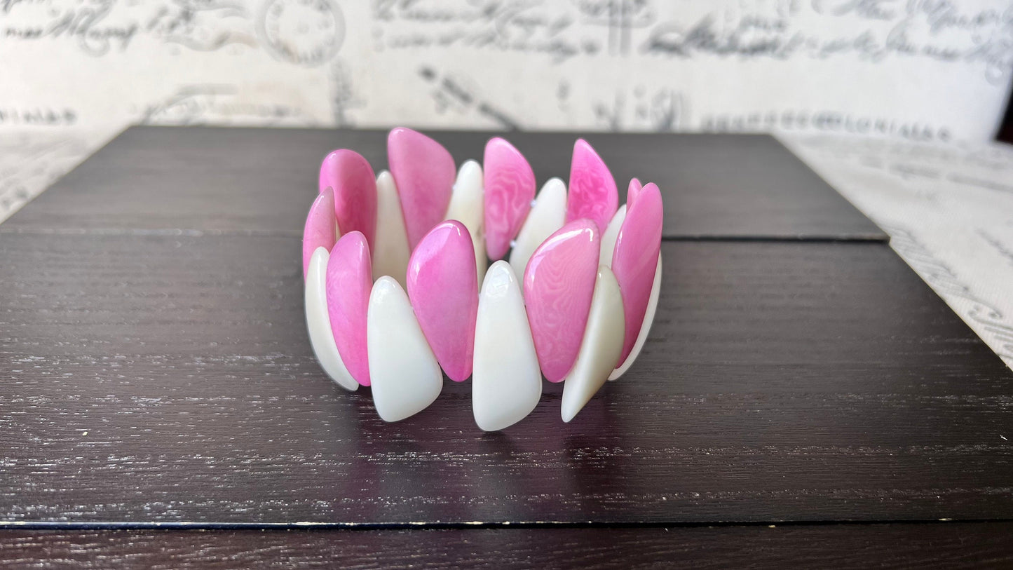 Hot pink and white beaded bracelet Tagua jewelry Mother's day gifts under 25 Multicolor stretch bangle Beach wedding trends Summer style