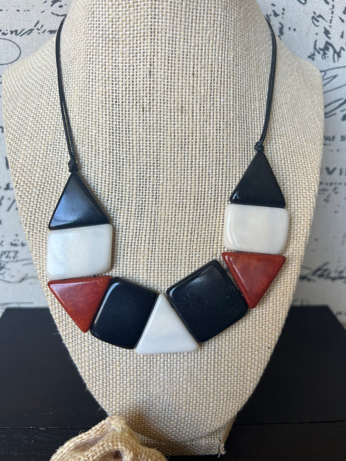 Black brown and white beaded necklace Tagua jewelry Christmas gift ideas Adjustable bib Anniversary present for wife Beach fashion trends