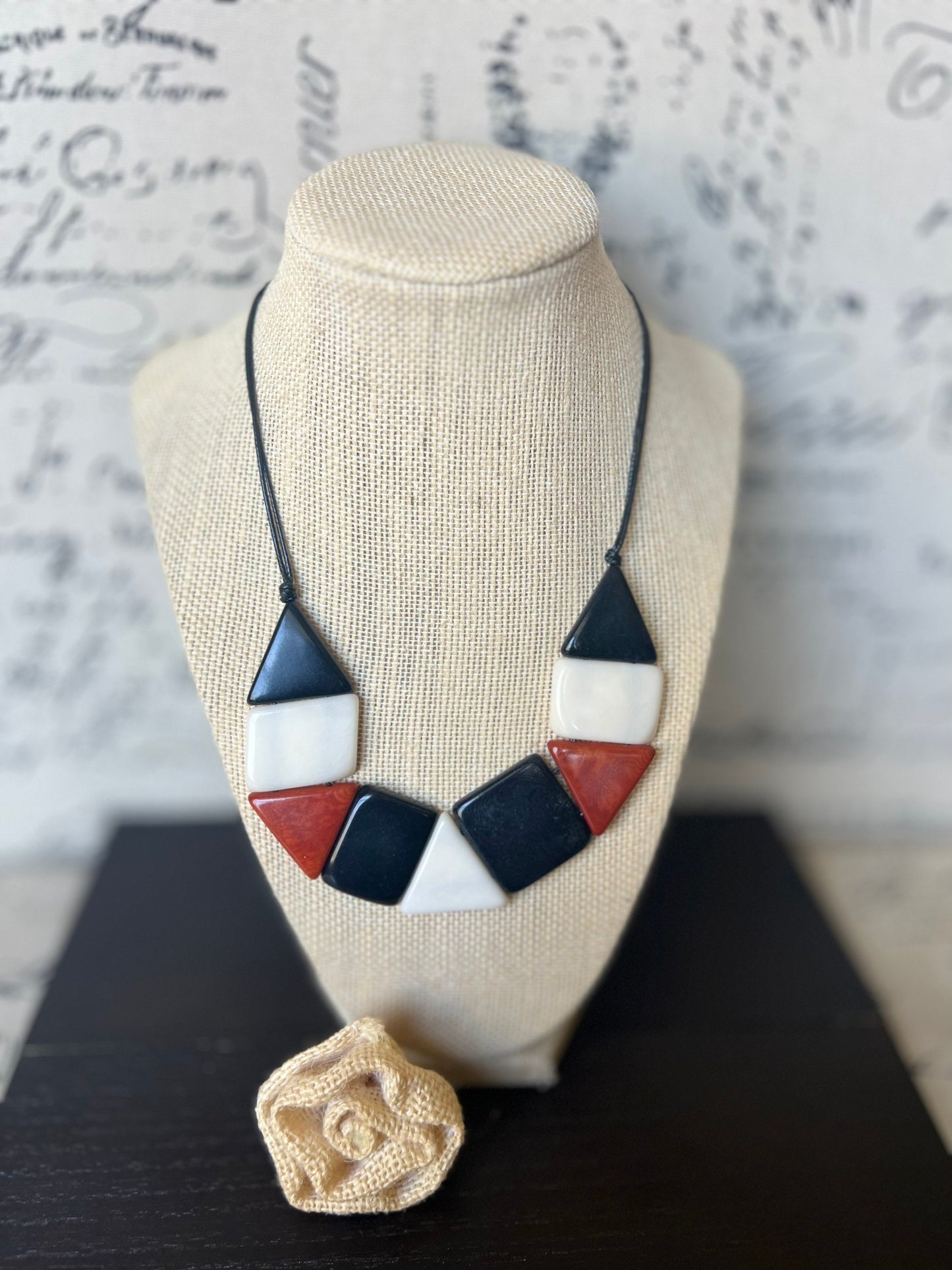 Black brown and white beaded necklace Tagua jewelry Christmas gift ideas Adjustable bib Anniversary present for wife Beach fashion trends