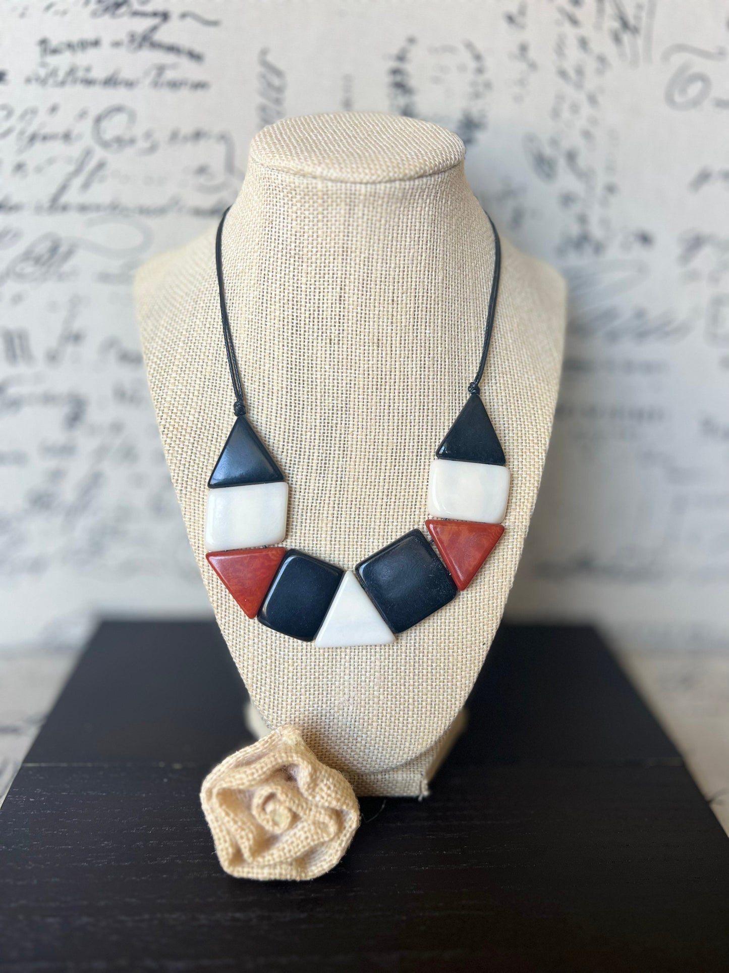 Black brown and white beaded necklace Tagua jewelry Christmas gift ideas Adjustable bib Anniversary present for wife Beach fashion trends