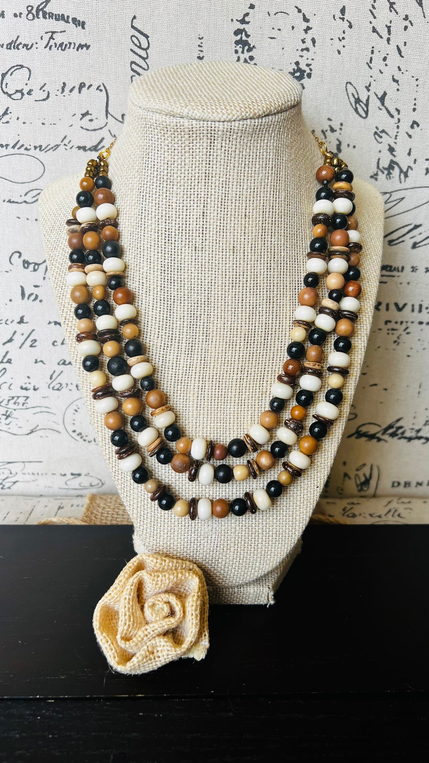 Necklace for women Brown white and black fashion multi strand necklace Lightweight with gold chain Multi layer bib adjustable Tagua necklace