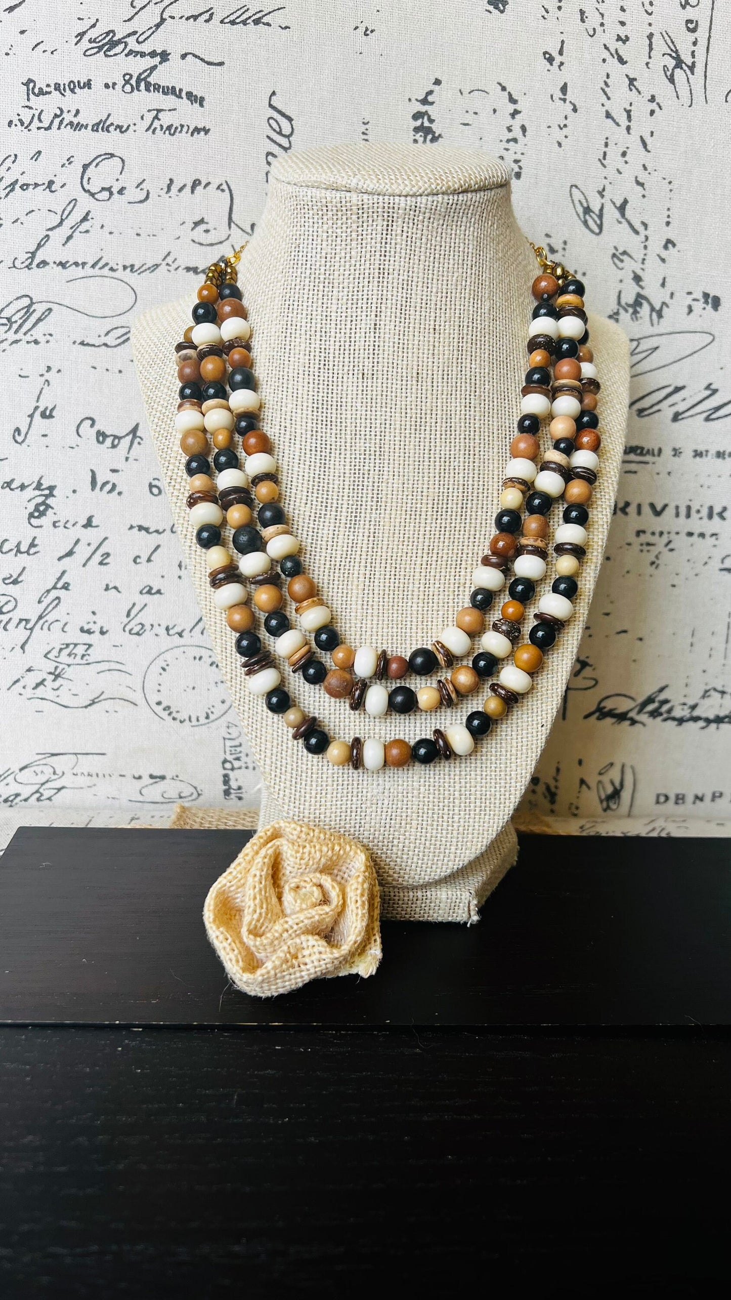 Necklace for women Brown white and black fashion multi strand necklace Lightweight with gold chain Multi layer bib adjustable Tagua necklace