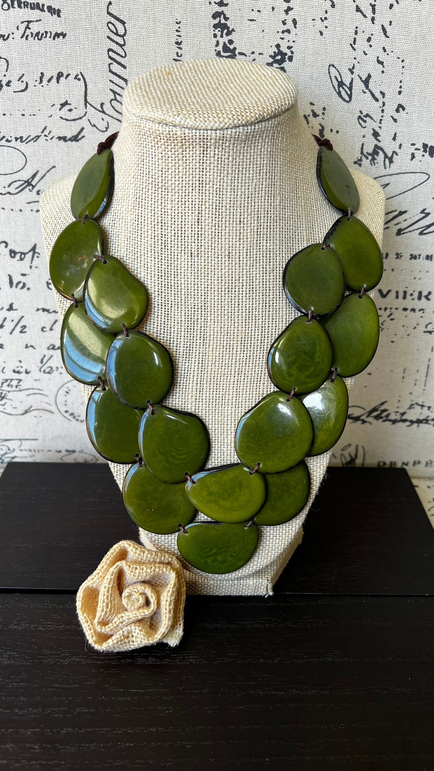 Olive green statement necklace Tagua jewelry Big bold chunky necklace Spring fashion trends Double layer bib Anniversary gift 2 two Strand