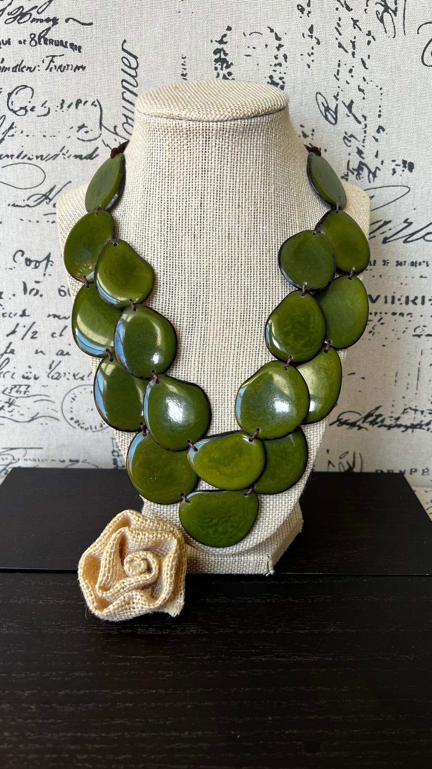 Olive green statement necklace Tagua jewelry Big bold chunky necklace Spring fashion trends Double layer bib Anniversary gift 2 two Strand