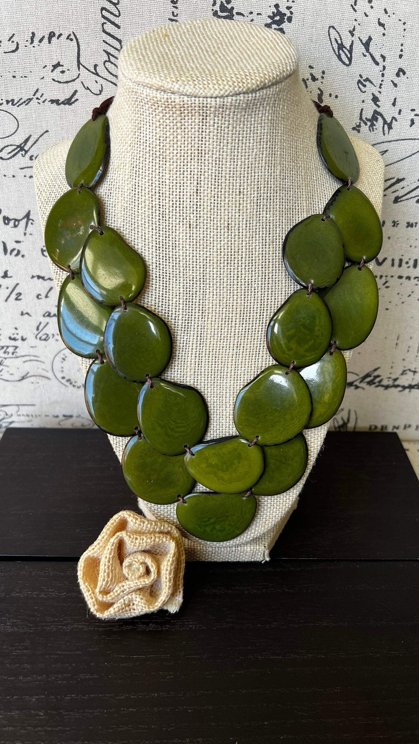 Olive green statement necklace Tagua jewelry Big bold chunky necklace Spring fashion trends Double layer bib Anniversary gift 2 two Strand
