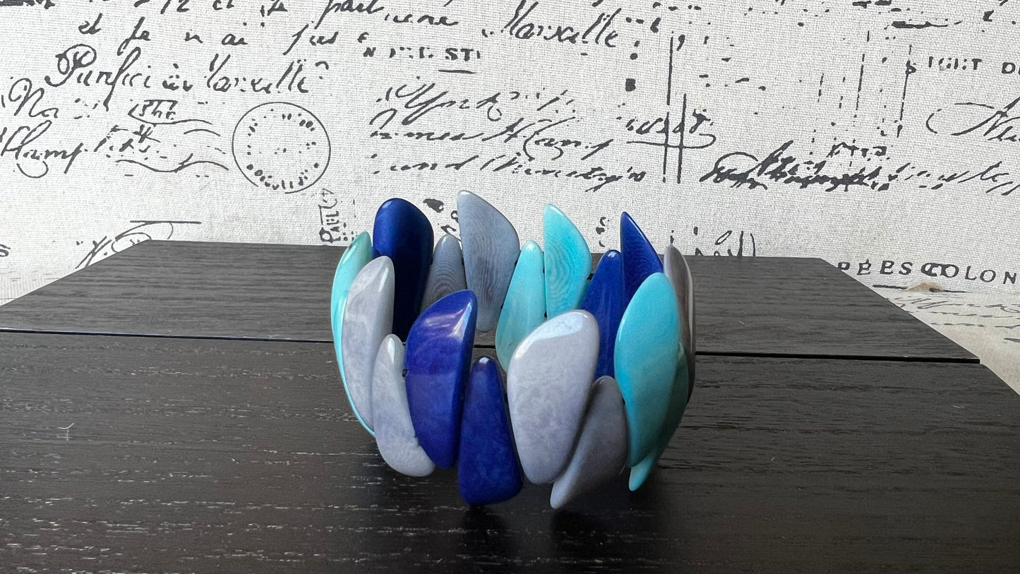 Turquoise blue and gray beaded bracelet Tagua jewelry Easter basket gift under 25 Multicolor stretch bangle Beach wedding trend Spring style