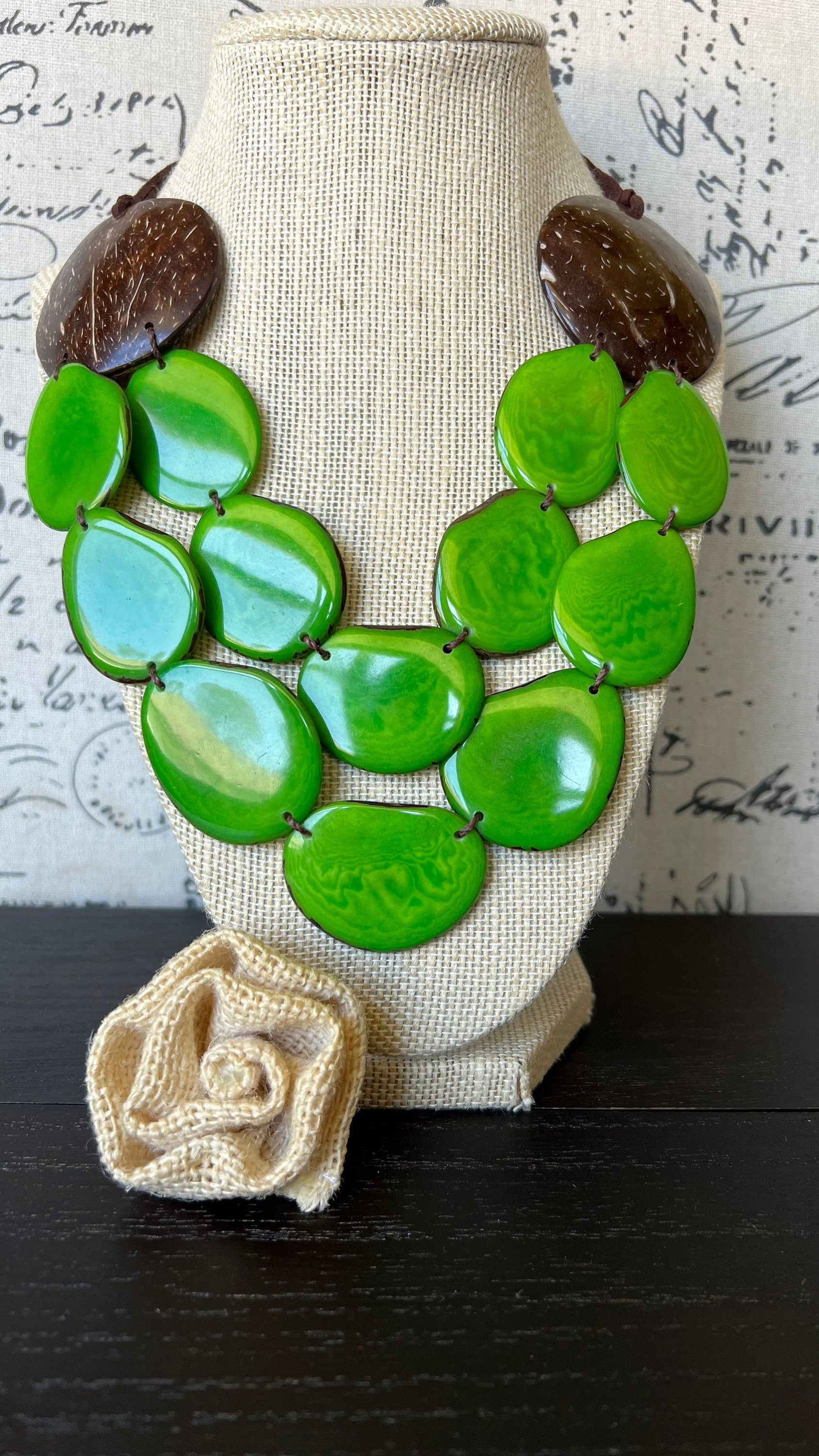 Green statement necklace Tagua jewelry with coconut shell accent Big bold chunky necklace Spring fashion trends Double layer bib Lightweight