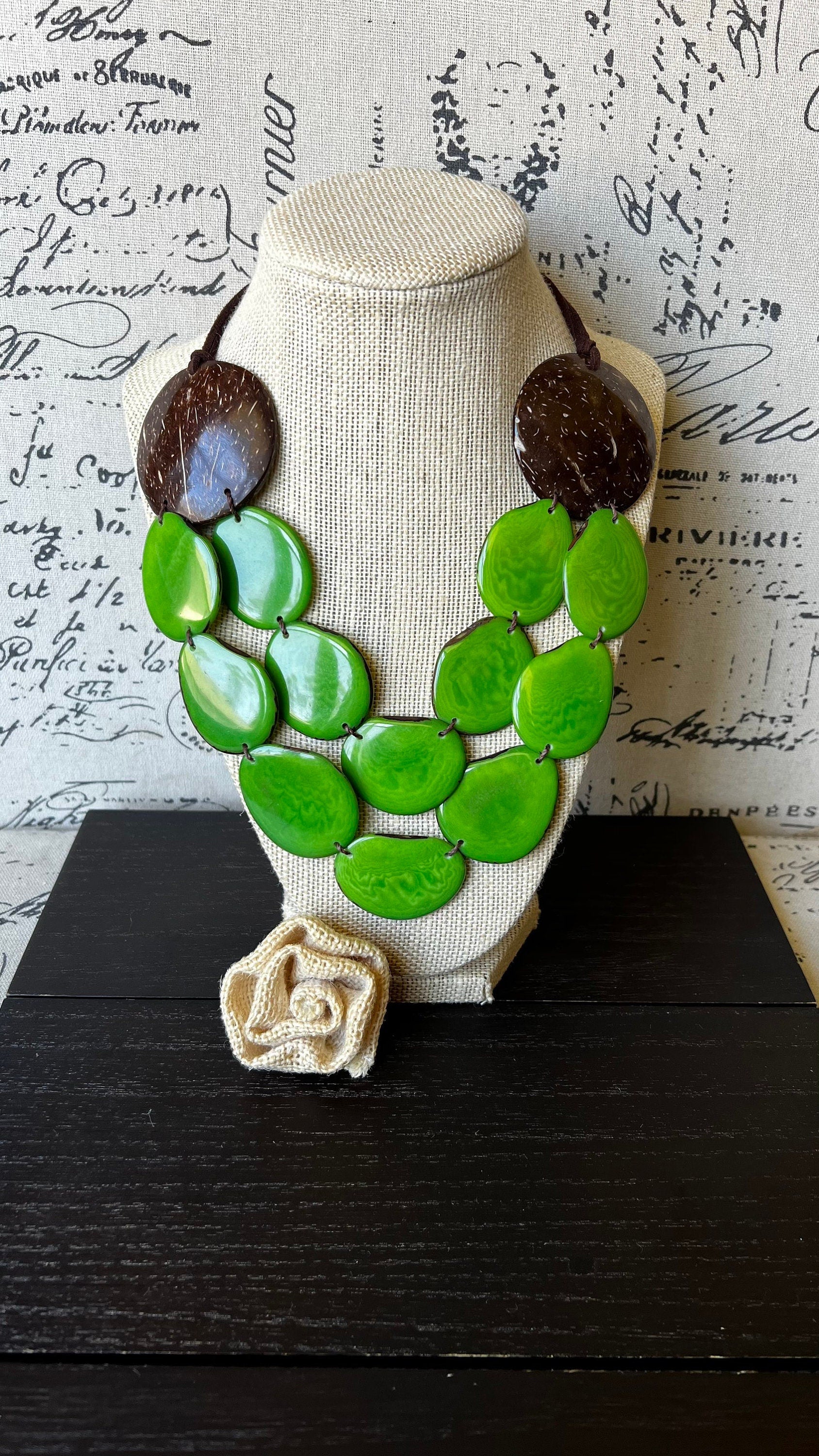 Green statement necklace Tagua jewelry with coconut shell accent Big bold chunky necklace Spring fashion trends Double layer bib Lightweight