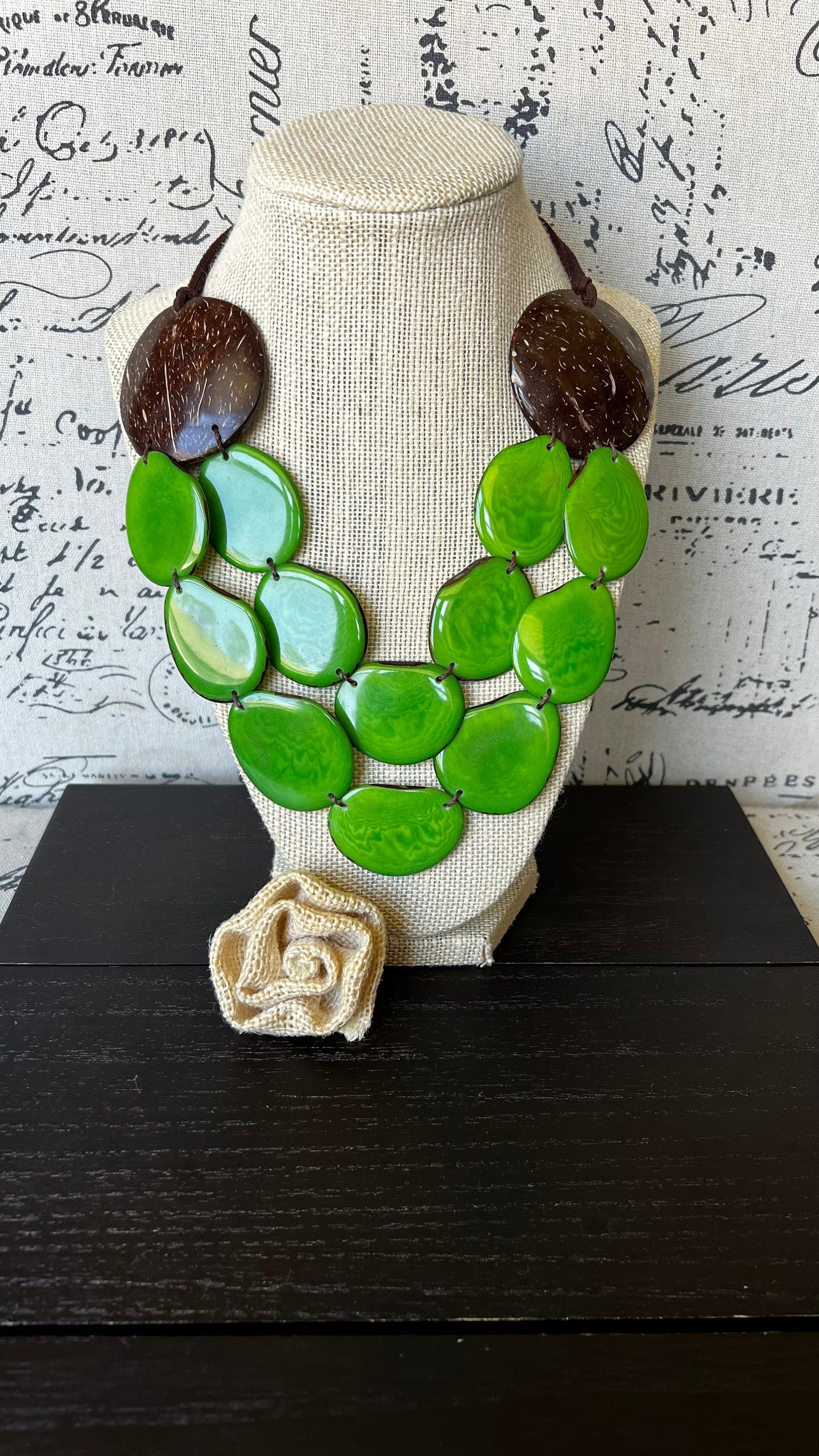 Green statement necklace Tagua jewelry with coconut shell accent Big bold chunky necklace Spring fashion trends Double layer bib Lightweight