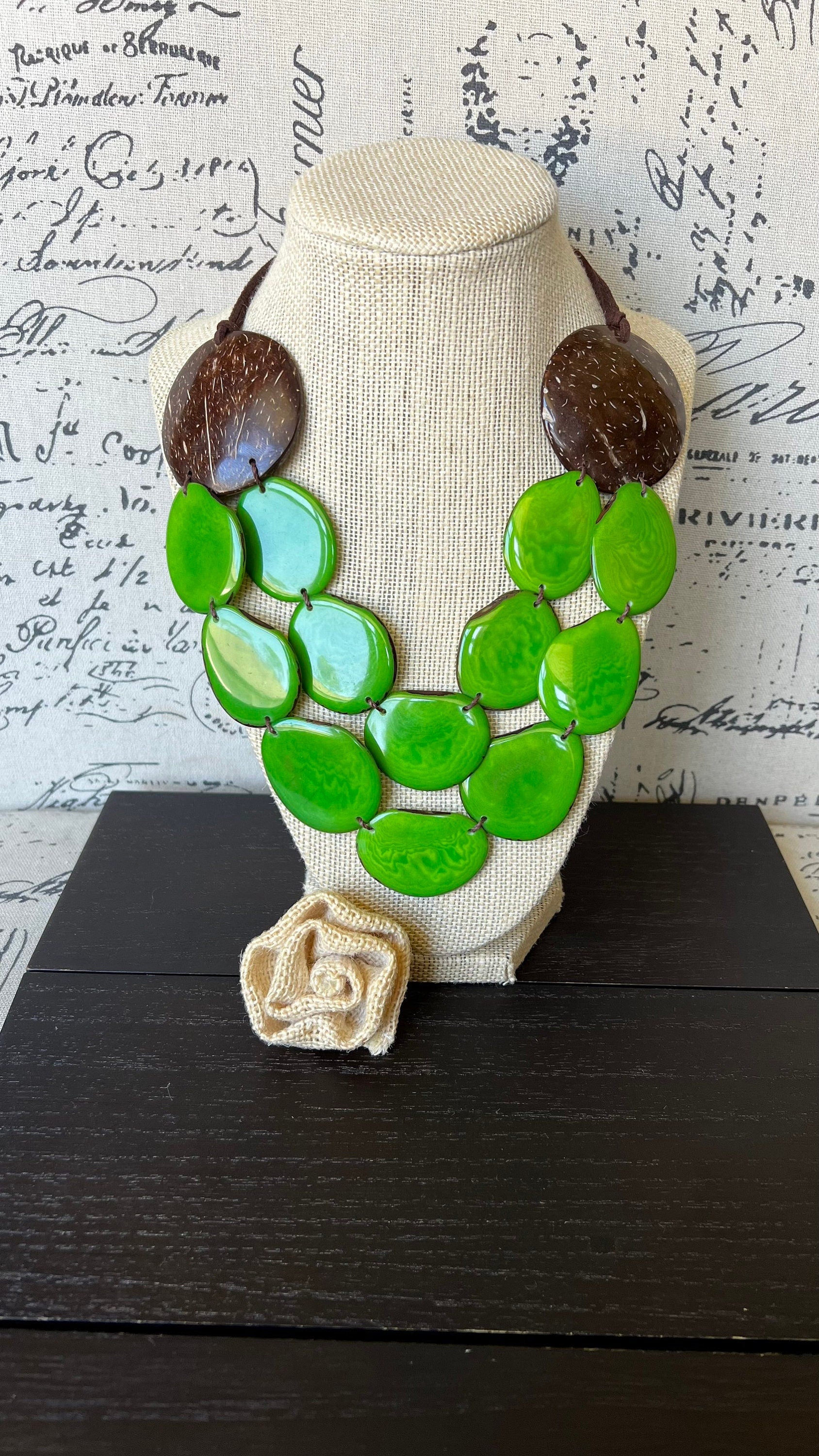 Green statement necklace Tagua jewelry with coconut shell accent Big bold chunky necklace Spring fashion trends Double layer bib Lightweight