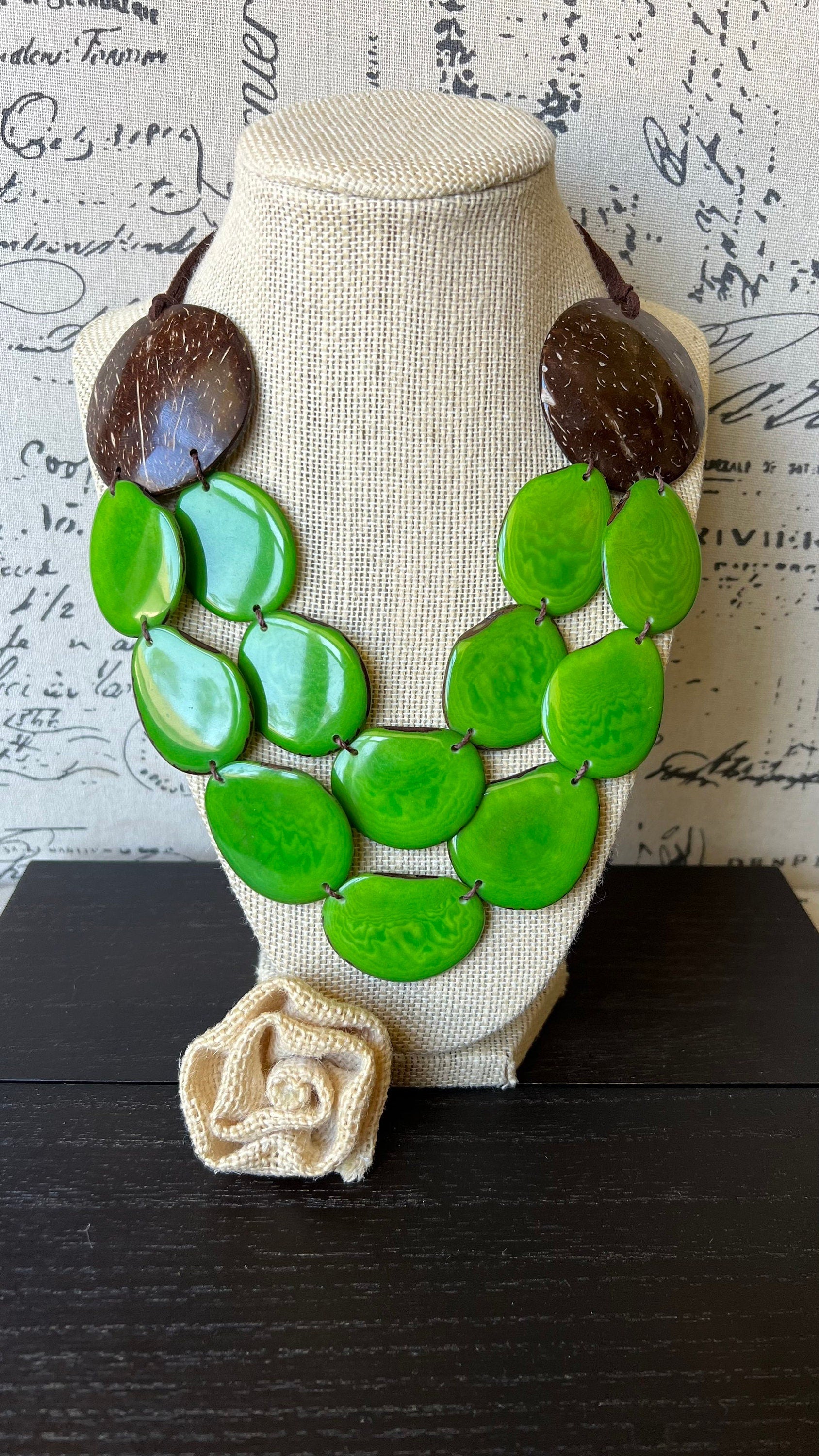 Green statement necklace Tagua jewelry with coconut shell accent Big bold chunky necklace Spring fashion trends Double layer bib Lightweight
