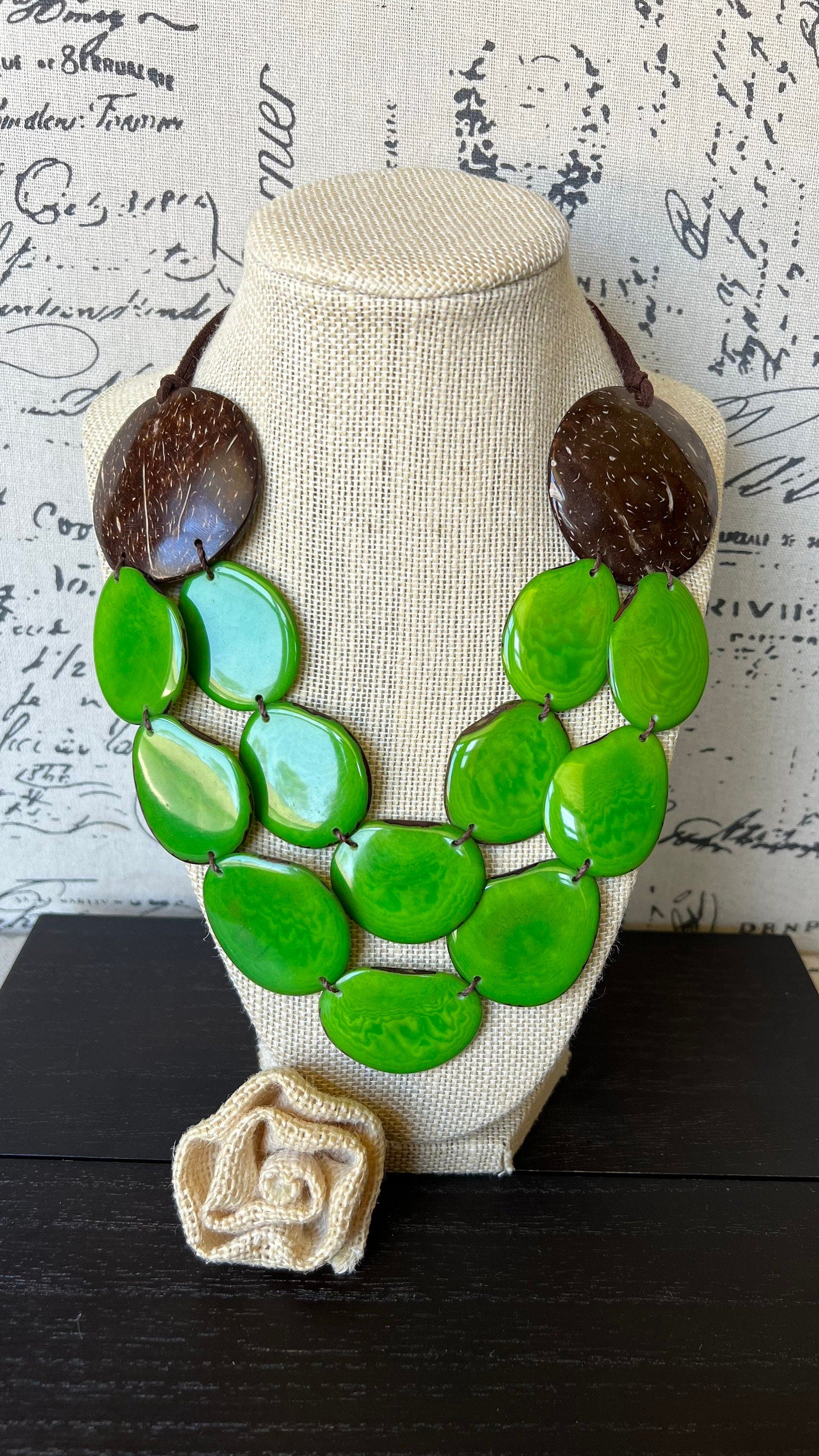 Green statement necklace Tagua jewelry with coconut shell accent Big bold chunky necklace Spring fashion trends Double layer bib Lightweight