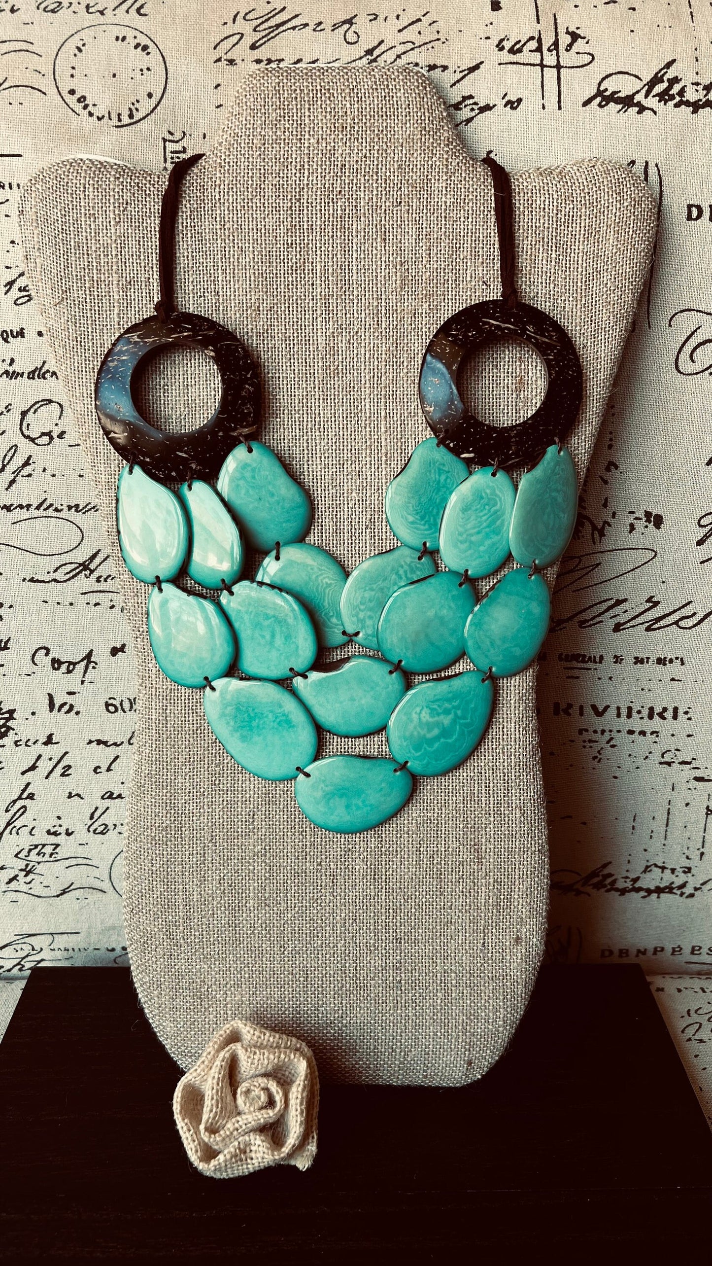 Turquoise green Tagua necklace with coconut shell accents Statement necklace Layered beaded bib with leather strap Big bold chunky necklace