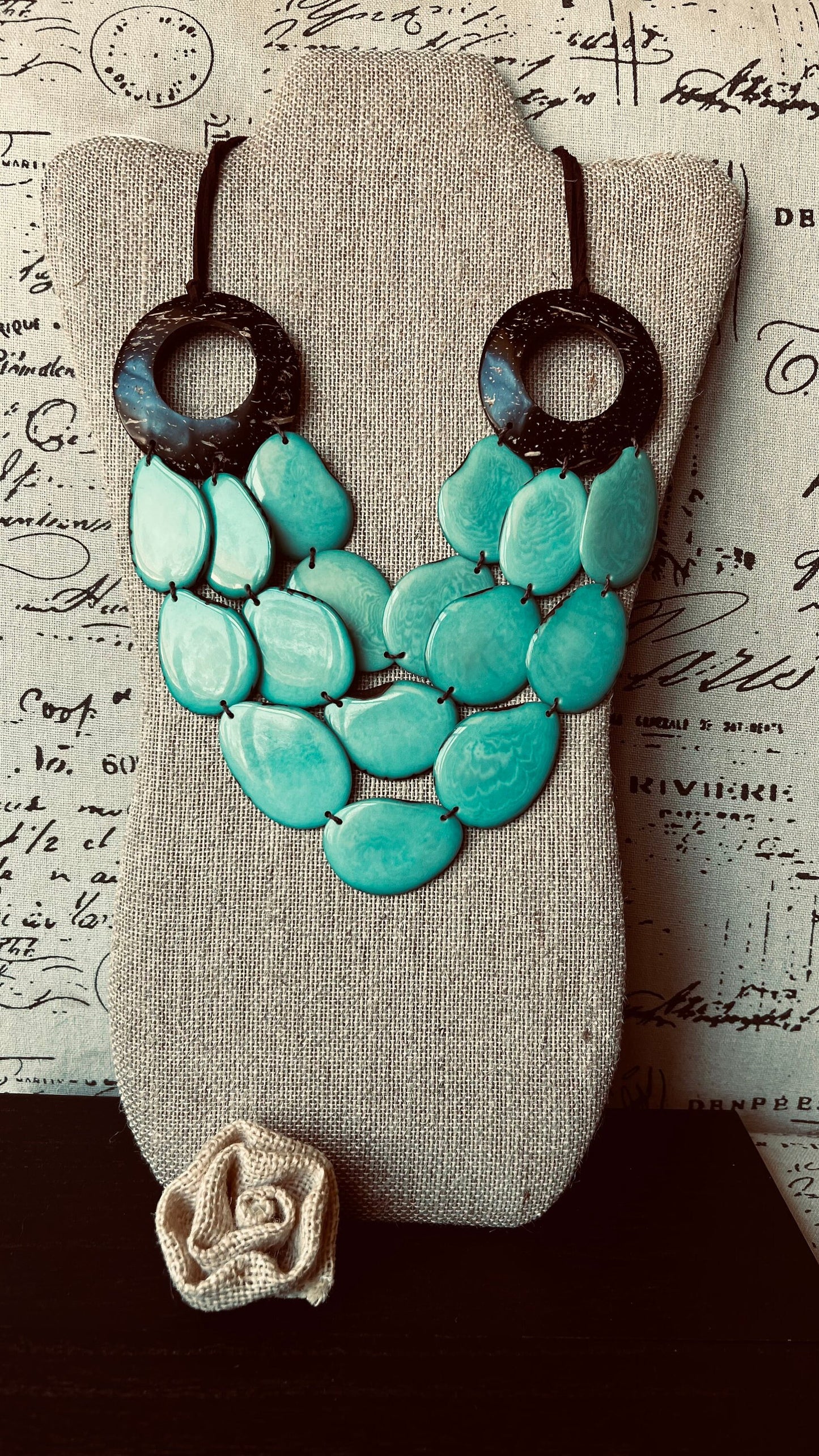 Turquoise green Tagua necklace with coconut shell accents Statement necklace Layered beaded bib with leather strap Big bold chunky necklace