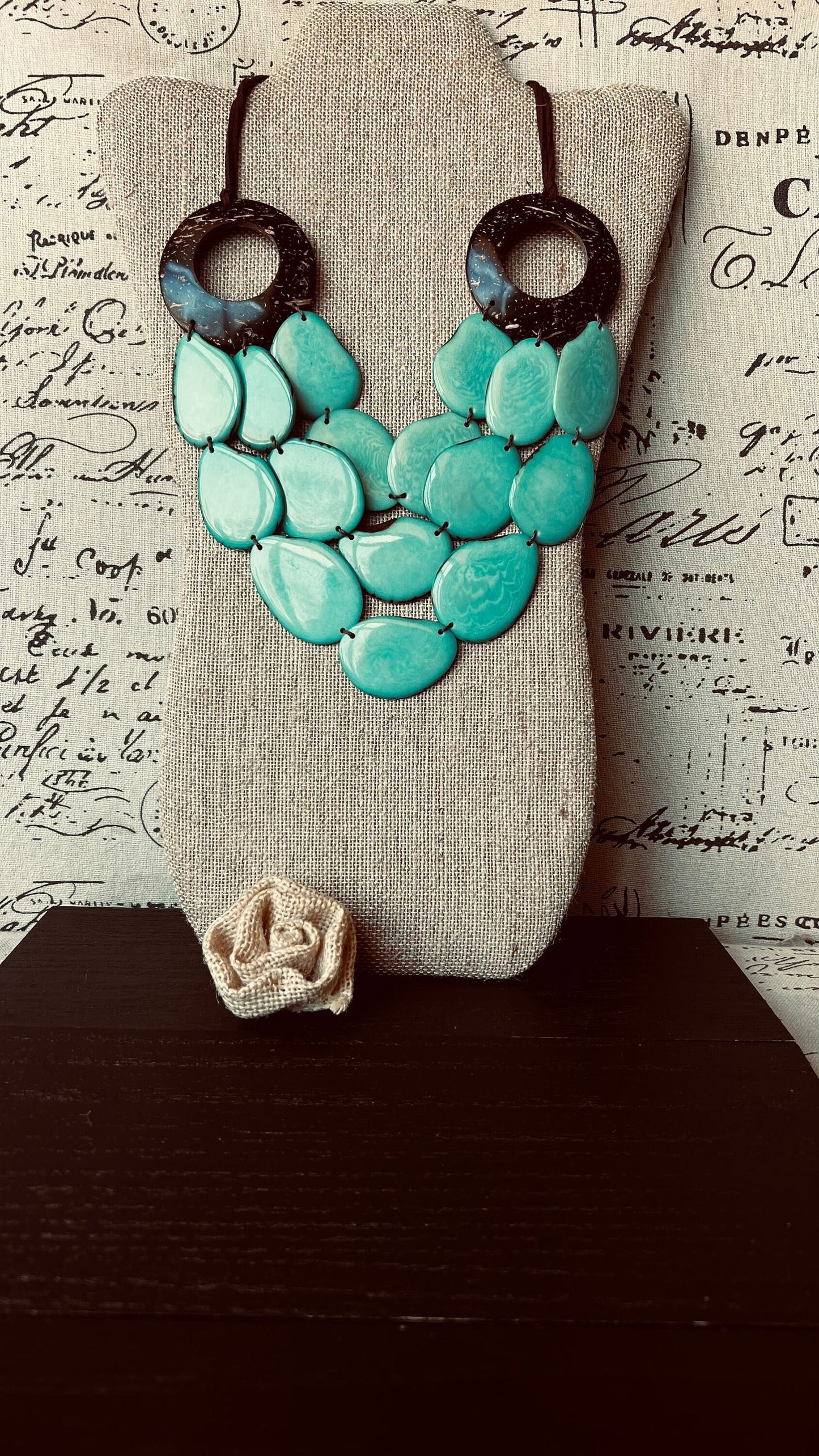 Turquoise green Tagua necklace with coconut shell accents Statement necklace Layered beaded bib with leather strap Big bold chunky necklace