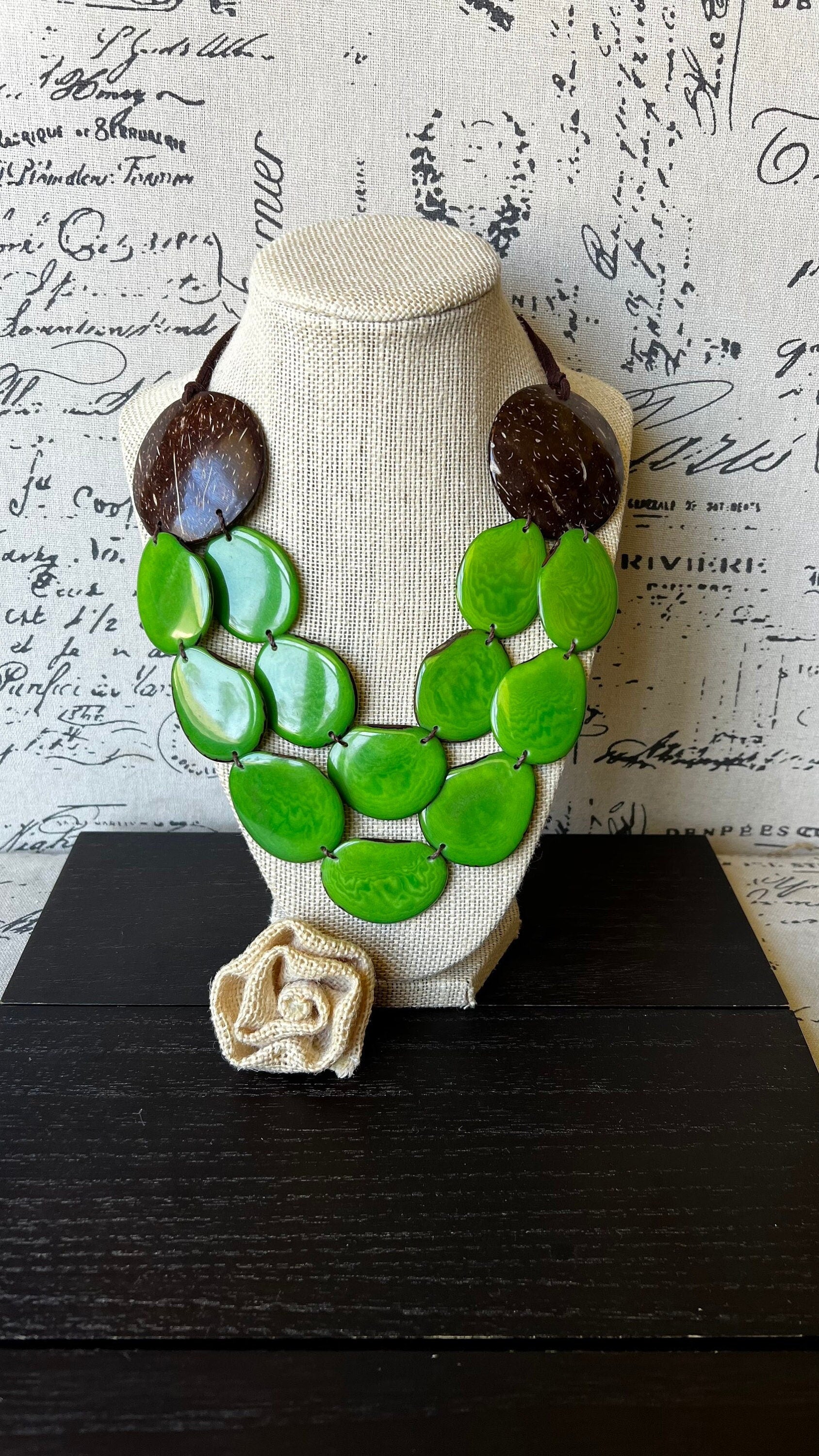 Green statement necklace Tagua jewelry with coconut shell accent Big bold chunky necklace Spring fashion trends Double layer bib Lightweight