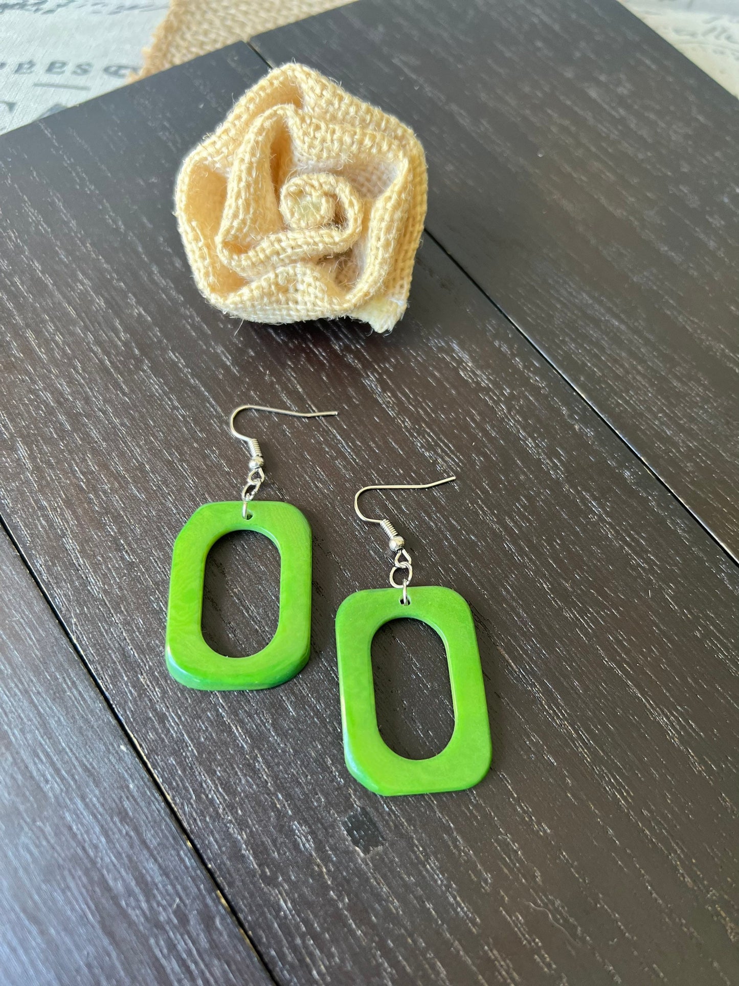 Green geometric earrings Tagua nut jewelry Mod boho earrings Rectangle jewelry Long statement dangles Artisan handmade Beach fashion style
