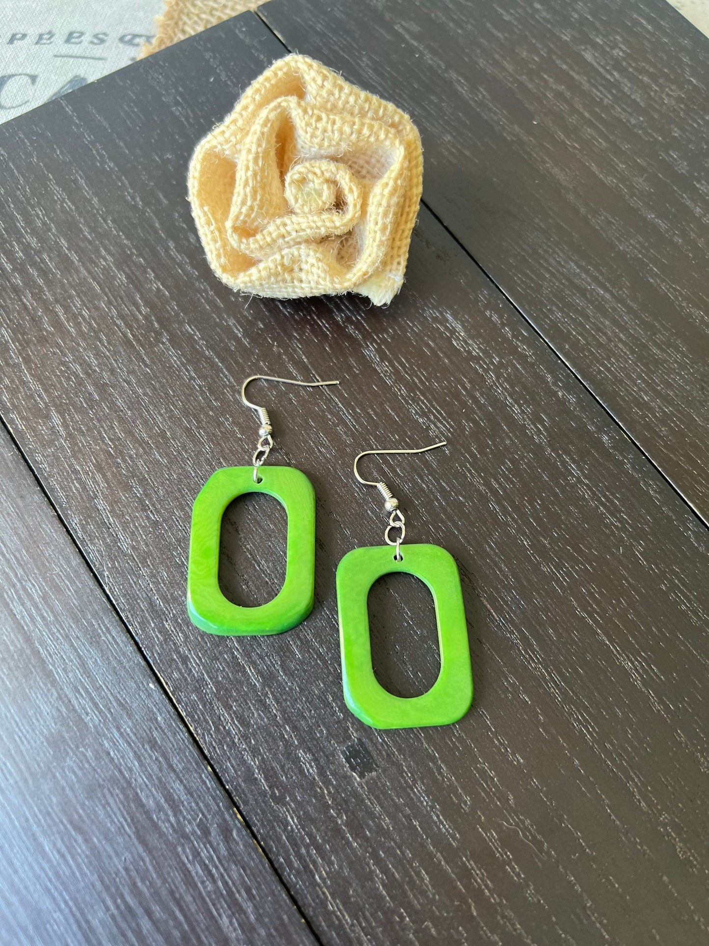 Green geometric earrings Tagua nut jewelry Mod boho earrings Rectangle jewelry Long statement dangles Artisan handmade Beach fashion style