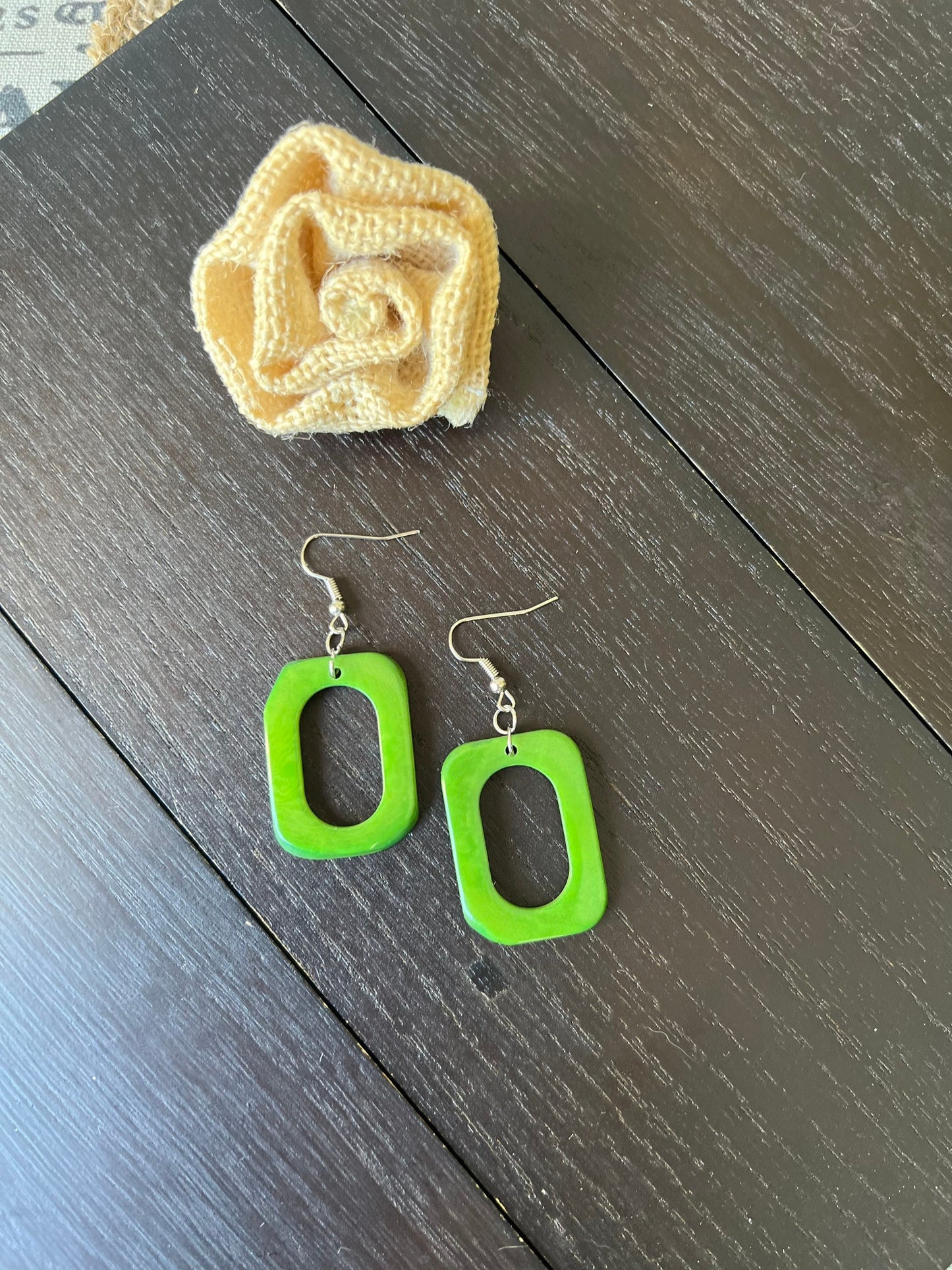 Green geometric earrings Tagua nut jewelry Mod boho earrings Rectangle jewelry Long statement dangles Artisan handmade Beach fashion style