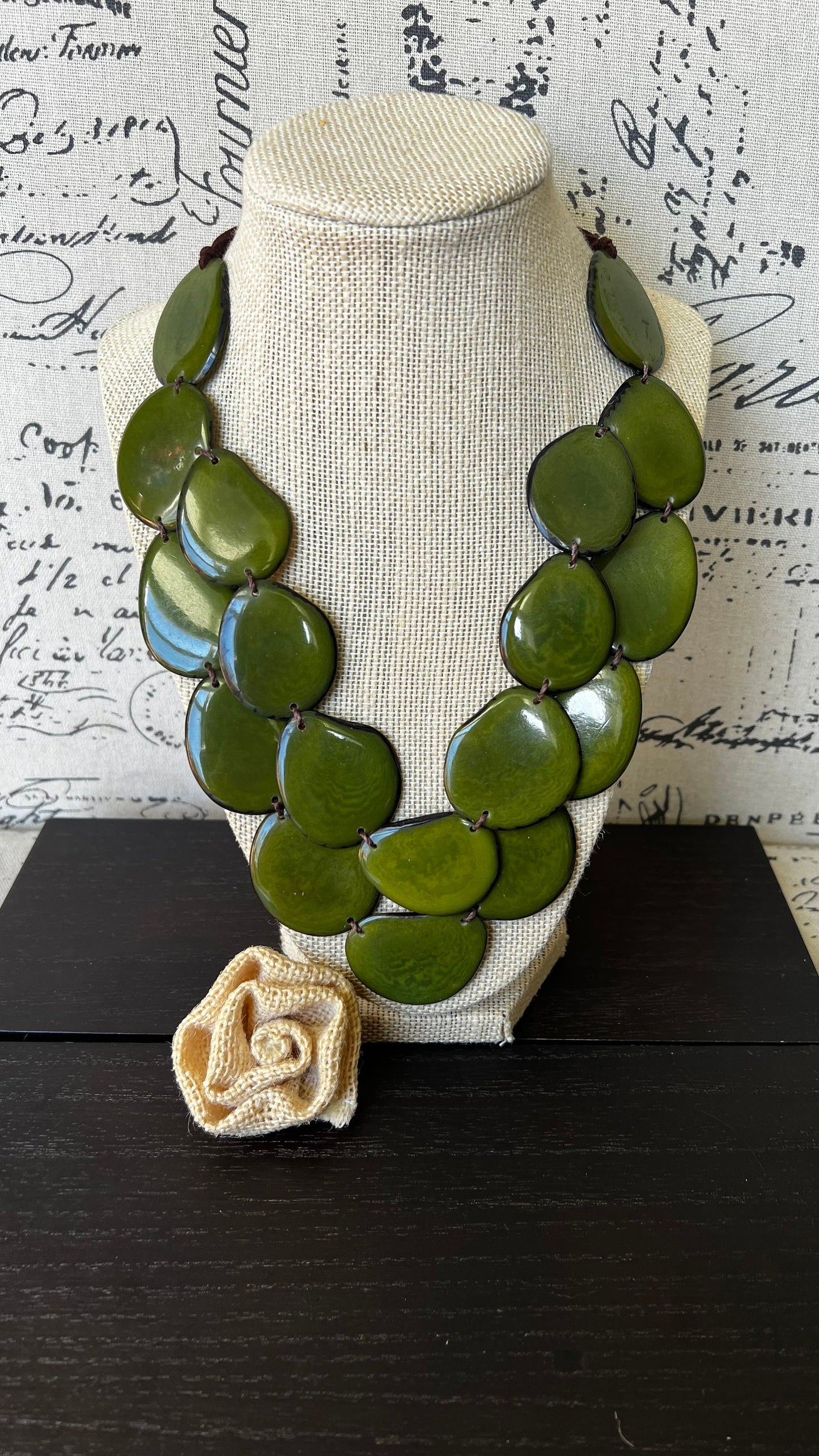 Olive green statement necklace Tagua jewelry Big bold chunky necklace Spring fashion trends Double layer bib Anniversary gift 2 two Strand