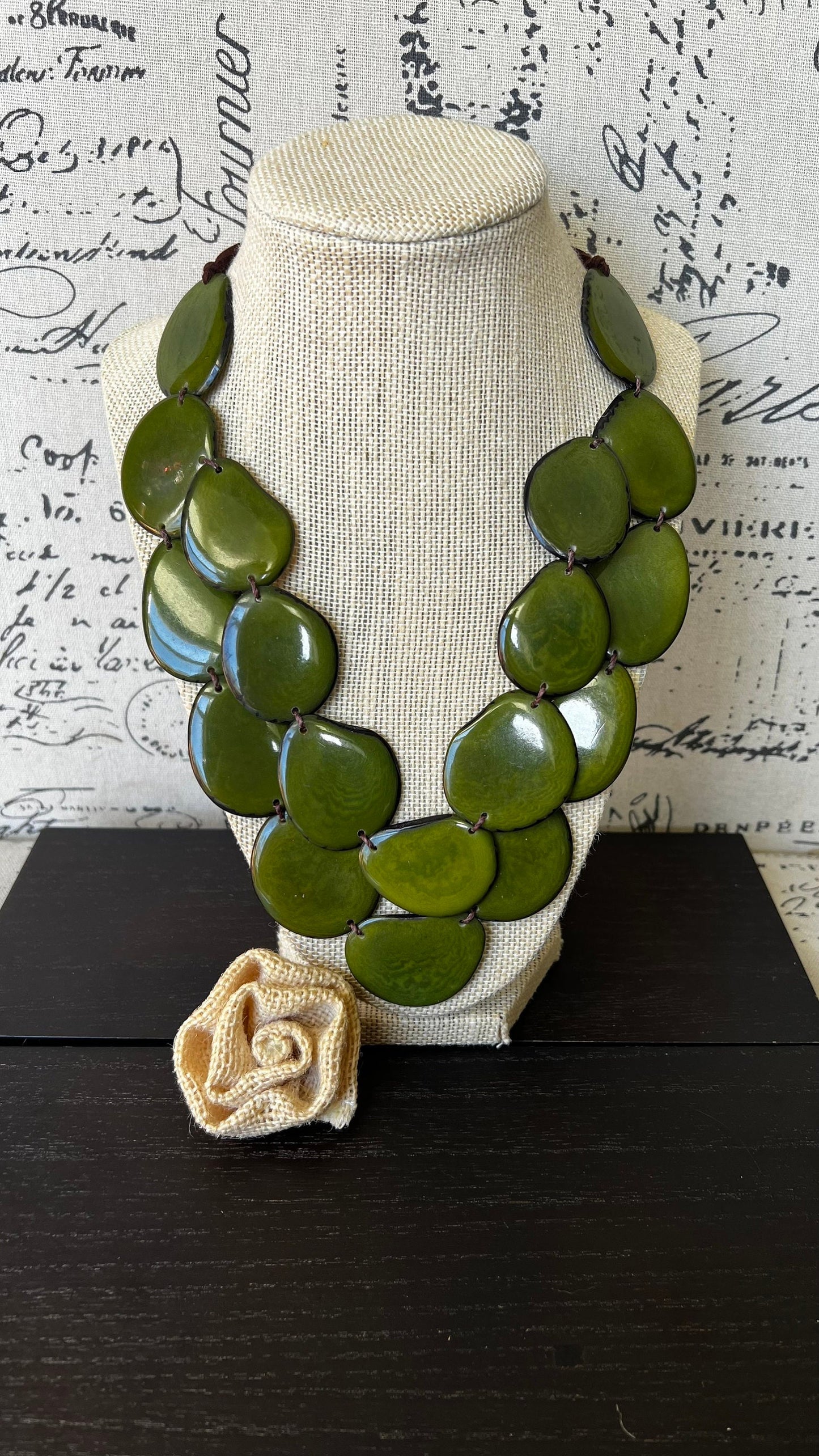 Olive green statement necklace Tagua jewelry Big bold chunky necklace Spring fashion trends Double layer bib Anniversary gift 2 two Strand