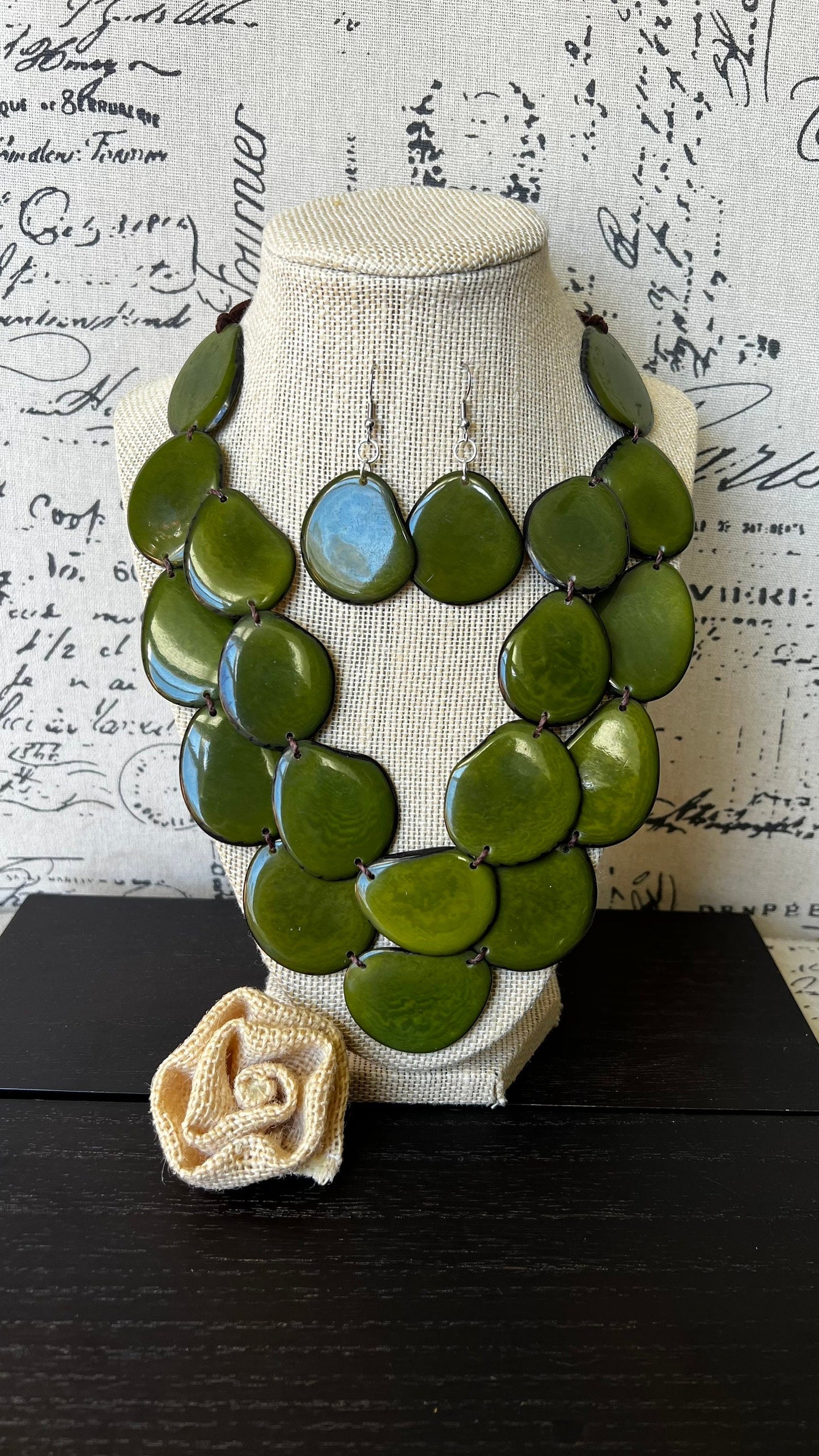 Olive green statement necklace Tagua jewelry Big bold chunky necklace Spring fashion trends Double layer bib Anniversary gift 2 two Strand