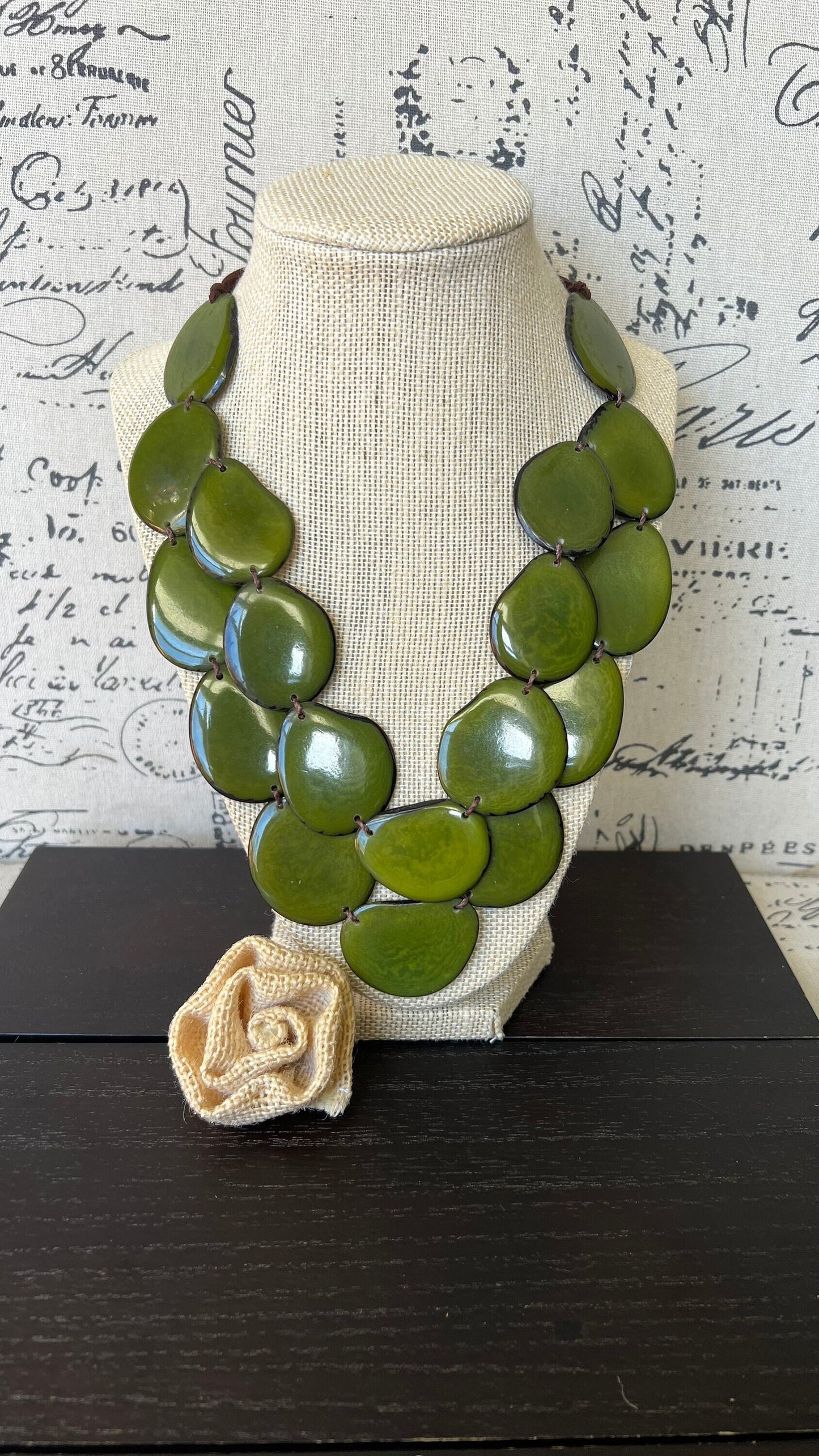 Olive green statement necklace Tagua jewelry Big bold chunky necklace Spring fashion trends Double layer bib Anniversary gift 2 two Strand